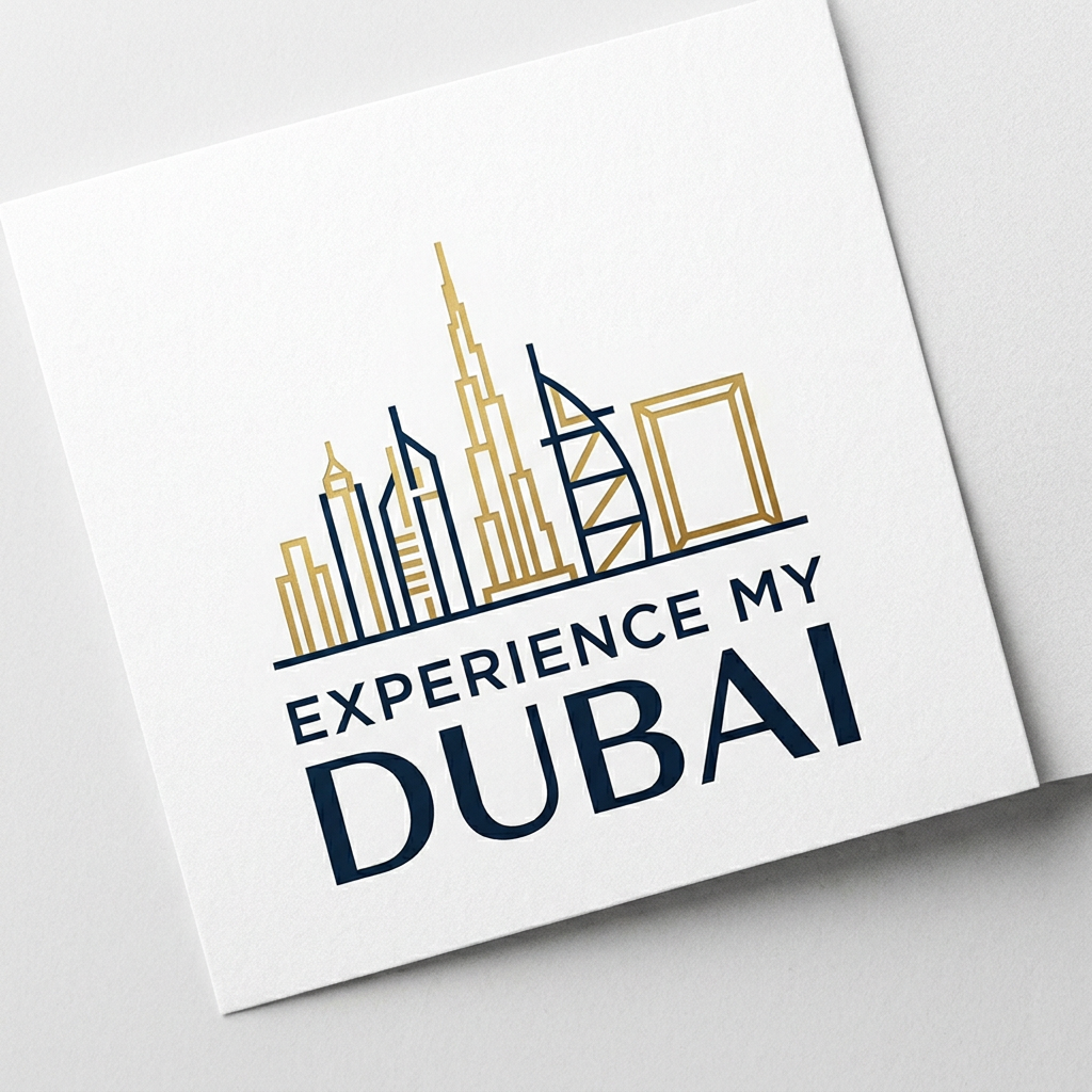 AI Design for A sleek, modern minimalist logo design for 'Experience My Dubai'. The design features sharp geometric lines and a sophisticated typography, incorporating subtle iconic motifs of the Dubai skyline in a clean, professional aesthetic. Use a luxurious gold and deep navy color palette against a crisp white background for a high-end, premium brand identity.