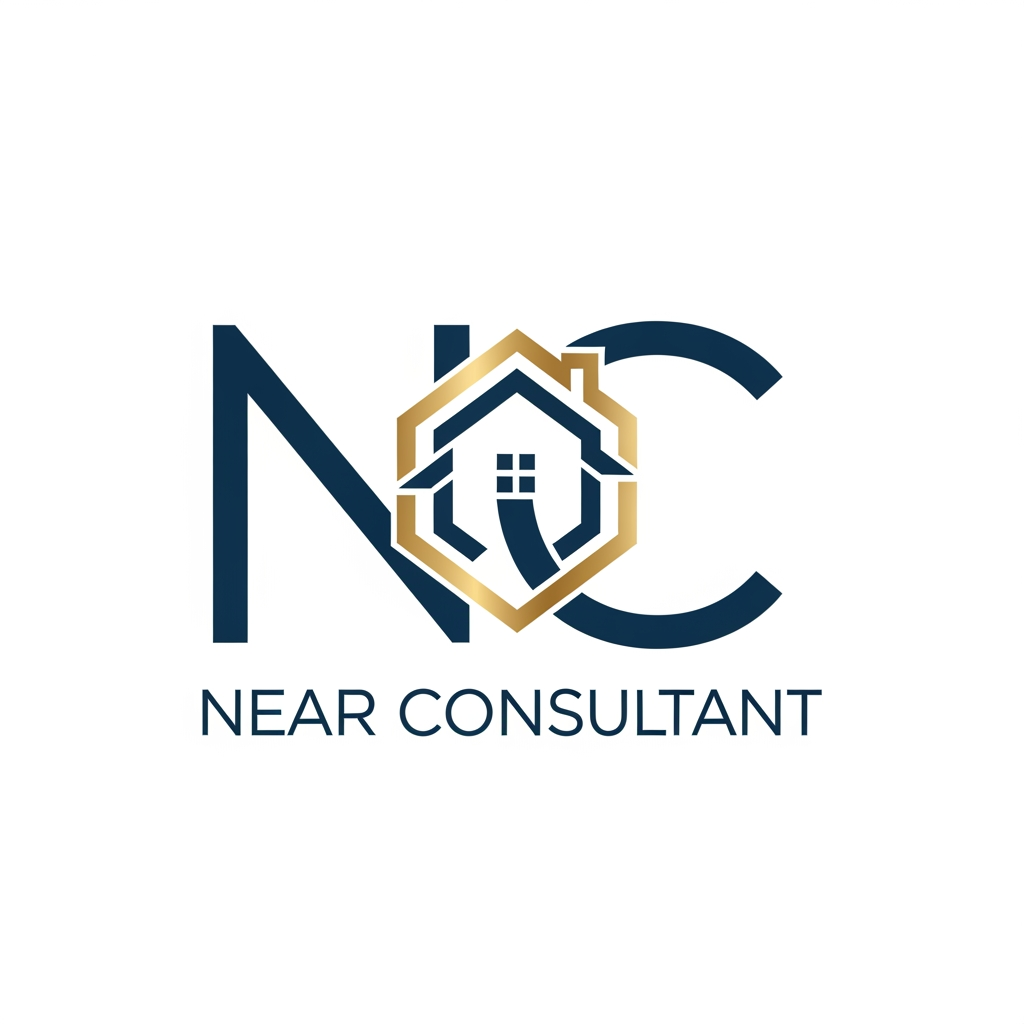 AI Design for i want to make a logo for Near Consultant, i want letter N & C and a house icon in blue and golden color on white bg, logo should be classy, modern and elegant