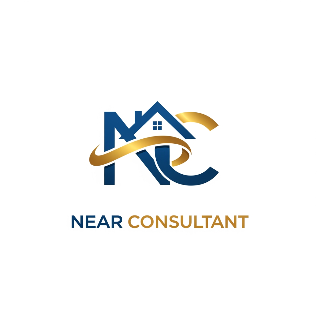 AI Design for i want to make a logo for Near Consultant, i want letter N & C and a house icon in blue and golden color on white bg, logo should be classy, modern and elegant