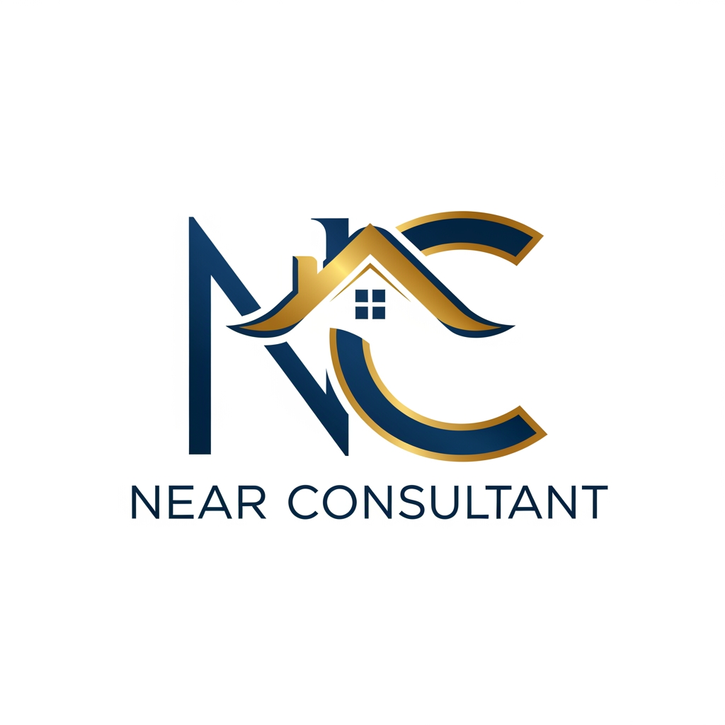 AI Design for i want to make a logo for Near Consultant, i want letter N & C and a house icon in blue and golden color on white bg, logo should be classy, modern and elegant
