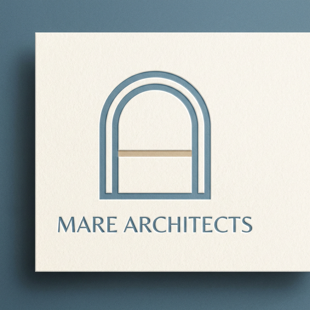 AI Design for A sophisticated minimal architectural emblem featuring a clean, symmetrical archway silhouette framing a horizontal line that represents the ocean horizon. The design uses crisp vector geometry, elegant negative space, and a soft, serene color palette of muted coastal blues and sandy neutrals to evoke a sense of arrival and escape. High-contrast, balanced composition suitable for premium branding with refined, smooth textures.