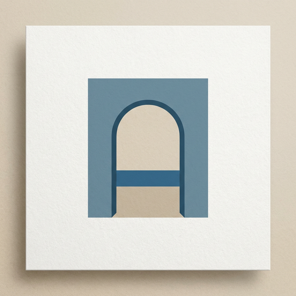 AI Design for A sophisticated minimal architectural emblem featuring a clean, symmetrical archway silhouette framing a horizontal line that represents the ocean horizon. The design uses crisp vector geometry, elegant negative space, and a soft, serene color palette of muted coastal blues and sandy neutrals to evoke a sense of arrival and escape. High-contrast, balanced composition suitable for premium branding with refined, smooth textures.