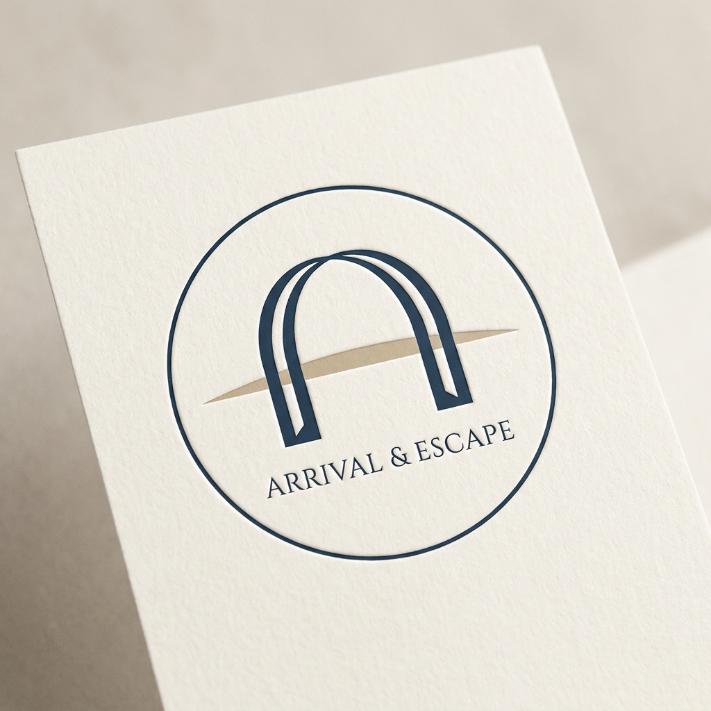 AI Design for A sophisticated minimal architectural emblem featuring a clean, symmetrical archway silhouette framing a horizontal line that represents the ocean horizon. The design uses crisp vector geometry, elegant negative space, and a soft, serene color palette of muted coastal blues and sandy neutrals to evoke a sense of arrival and escape. High-contrast, balanced composition suitable for premium branding with refined, smooth textures.