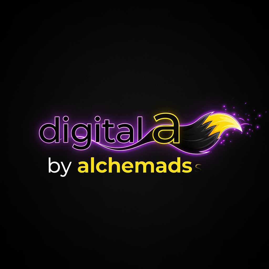 AI Design for my instagram acounts name is digital by alchemads give me a loggo but it should be an attractive one with a tale design this logo should consis og three colours black,neon glowing violet and yellow
