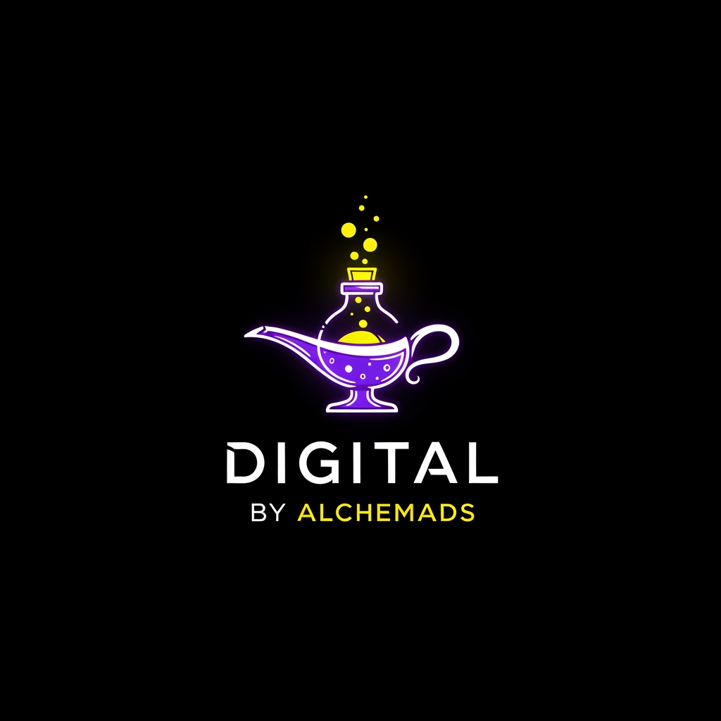 AI Design for my instagram acounts name is digital by alchemads give me a loggo but it should be an attractive one with a tale design this logo should consis og three colours black,neon glowing violet and yellow