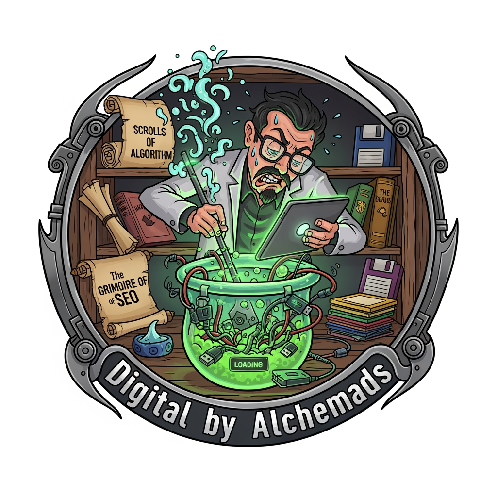 AI Design for my instagram acounts name is digital by alchemads give me a loggo that is actually a sarcastic one but it should be an attractive one with a tale design