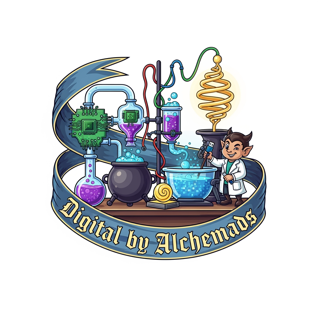 AI Design for my instagram acounts name is digital by alchemads give me a loggo that is actually a sarcastic one but it should be an attractive one with a tale design
