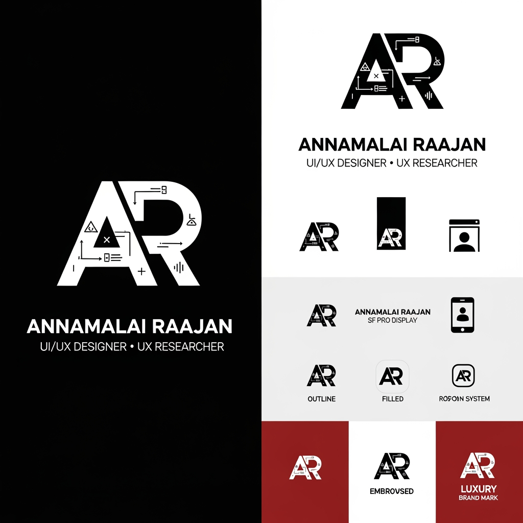 AI Design for Design a world-class, iconic, and timeless personal brand logo for Annamalai Raajan, a UI/UX Designer, UX Researcher, Front-End Developer, and Digital Product Designer specializing in user-centered digital experiences, interaction design, design systems, responsive interfaces, accessibility, and modern web products. Create a distinctive and unforgettable AR monogram by seamlessly merging the letters A and R into a single geometric masterpiece using intelligent negative space, precise symmetry, mathematical proportions, and grid-based construction. The logo should instantly communicate creativity, innovation, technology, usability, precision, trust, premium craftsmanship, strategic thinking, and digital excellence. Draw inspiration from the branding quality of Pentagram, Collins, Landor, Meta Design, DesignStudio, Wolff Olins, and Apple, combining Swiss Minimalism, Bauhaus geometry, Japanese minimal aesthetics, and futuristic tech branding. Incorporate subtle visual elements inspired by user flows, wireframes, design systems, interface grids, pixels, cursor movements, bezier curves, layout structures, and digital architecture without making the logo overly complex. The symbol should feel intelligent, memorable, and instantly recognizable even without text. Use a sophisticated luxury color palette featuring Matte Black (#0F0F0F), Deep Crimson Red (#DC2626), Electric Blue (#3B82F6), Royal Purple (#7C3AED), Emerald Green (#10B981), Platinum Silver (#C0C0C0), and Pure White (#FFFFFF), ensuring perfect color harmony while also providing monochrome black, monochrome white, and single-color brand versions. Add subtle premium gradient options only as secondary brand assets, while keeping the primary logo completely flat and vector-based. Explore geometric precision, subtle depth through layered shapes, elegant corner radii, optical balance, and visual rhythm. Include premium typography inspired by Neue Haas Grotesk, Helvetica Now, SF Pro Display, General Sans, Satoshi, Clash Display, and Circular, with the brand name ANNAMALAI RAAJAN and the descriptor UI/UX DESIGNER • UX RESEARCHER. Generate multiple brand system variations including a primary horizontal logo, vertical stacked logo, icon-only version, favicon, social media profile mark, mobile app icon, responsive logo system, outline version, filled version, inverted version, embossed version, and luxury brand mark. Present the logo on premium black, white, and deep red backgrounds with a high-end brand presentation style. Ensure the final identity is clean, scalable, pixel-perfect, responsive, memorable, and suitable for websites, SaaS products, mobile applications, portfolios, resumes, business cards, presentations, GitHub, LinkedIn, Behance, Dribbble, Figma Community, merchandise, and large-format branding. The final result should look like it was created by a world-renowned branding agency, win international design awards such as Red Dot, iF Design Award, or A' Design Award, and stand alongside the visual identities of Apple, Google, Adobe, Airbnb, Stripe, Linear, Notion, Figma, and Vercel. Avoid generic AI logo styles, stock icons, clip art, random initials, excessive effects, heavy gradients, shadows, bevels, 3D rendering, or overcomplicated illustrations. The final logo must be original, elegant, luxurious, highly memorable, future-proof, and instantly recognizable as a premium global personal brand.