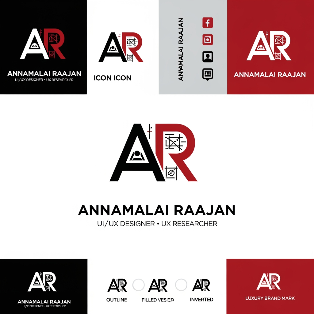AI Design for Design a world-class, iconic, and timeless personal brand logo for Annamalai Raajan, a UI/UX Designer, UX Researcher, Front-End Developer, and Digital Product Designer specializing in user-centered digital experiences, interaction design, design systems, responsive interfaces, accessibility, and modern web products. Create a distinctive and unforgettable AR monogram by seamlessly merging the letters A and R into a single geometric masterpiece using intelligent negative space, precise symmetry, mathematical proportions, and grid-based construction. The logo should instantly communicate creativity, innovation, technology, usability, precision, trust, premium craftsmanship, strategic thinking, and digital excellence. Draw inspiration from the branding quality of Pentagram, Collins, Landor, Meta Design, DesignStudio, Wolff Olins, and Apple, combining Swiss Minimalism, Bauhaus geometry, Japanese minimal aesthetics, and futuristic tech branding. Incorporate subtle visual elements inspired by user flows, wireframes, design systems, interface grids, pixels, cursor movements, bezier curves, layout structures, and digital architecture without making the logo overly complex. The symbol should feel intelligent, memorable, and instantly recognizable even without text. Use a sophisticated luxury color palette featuring Matte Black (#0F0F0F), Deep Crimson Red (#DC2626), Electric Blue (#3B82F6), Royal Purple (#7C3AED), Emerald Green (#10B981), Platinum Silver (#C0C0C0), and Pure White (#FFFFFF), ensuring perfect color harmony while also providing monochrome black, monochrome white, and single-color brand versions. Add subtle premium gradient options only as secondary brand assets, while keeping the primary logo completely flat and vector-based. Explore geometric precision, subtle depth through layered shapes, elegant corner radii, optical balance, and visual rhythm. Include premium typography inspired by Neue Haas Grotesk, Helvetica Now, SF Pro Display, General Sans, Satoshi, Clash Display, and Circular, with the brand name ANNAMALAI RAAJAN and the descriptor UI/UX DESIGNER • UX RESEARCHER. Generate multiple brand system variations including a primary horizontal logo, vertical stacked logo, icon-only version, favicon, social media profile mark, mobile app icon, responsive logo system, outline version, filled version, inverted version, embossed version, and luxury brand mark. Present the logo on premium black, white, and deep red backgrounds with a high-end brand presentation style. Ensure the final identity is clean, scalable, pixel-perfect, responsive, memorable, and suitable for websites, SaaS products, mobile applications, portfolios, resumes, business cards, presentations, GitHub, LinkedIn, Behance, Dribbble, Figma Community, merchandise, and large-format branding. The final result should look like it was created by a world-renowned branding agency, win international design awards such as Red Dot, iF Design Award, or A' Design Award, and stand alongside the visual identities of Apple, Google, Adobe, Airbnb, Stripe, Linear, Notion, Figma, and Vercel. Avoid generic AI logo styles, stock icons, clip art, random initials, excessive effects, heavy gradients, shadows, bevels, 3D rendering, or overcomplicated illustrations. The final logo must be original, elegant, luxurious, highly memorable, future-proof, and instantly recognizable as a premium global personal brand.