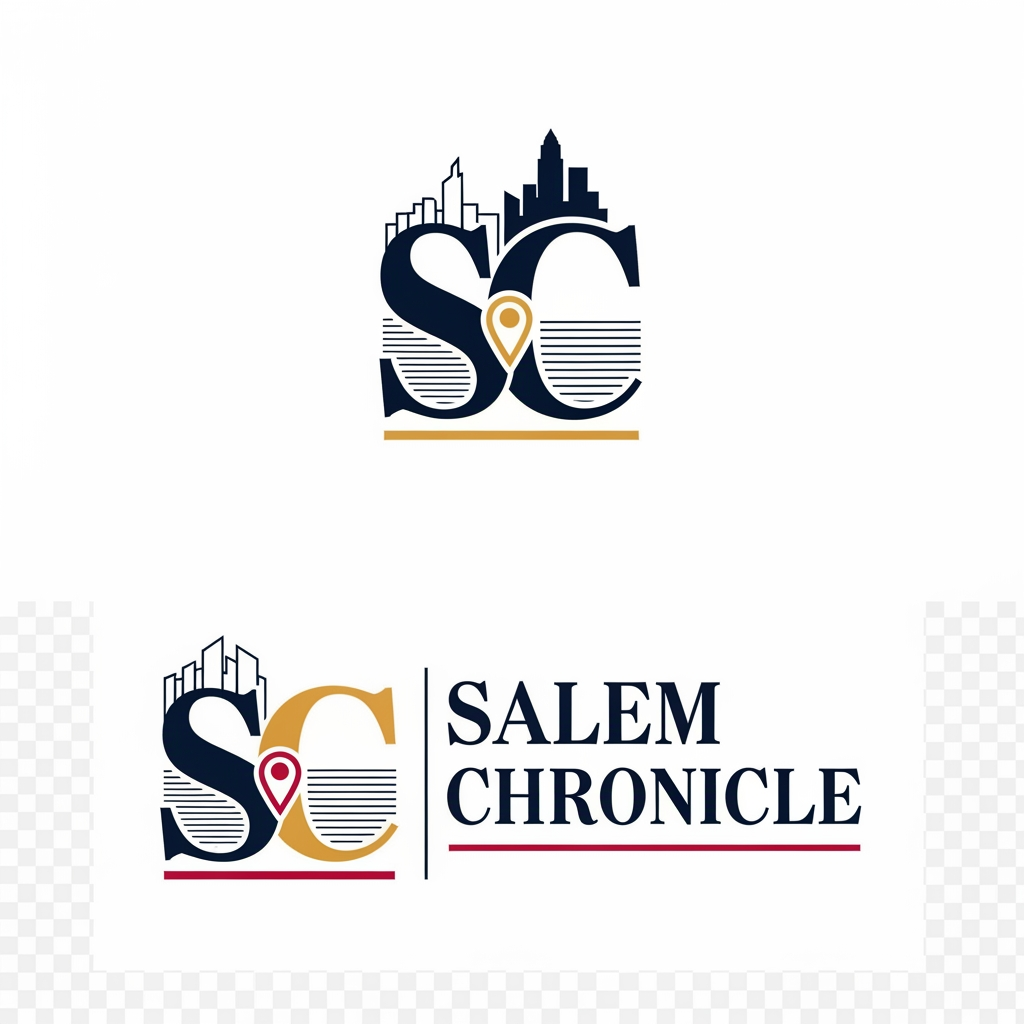 AI Design for eate a premium, luxury-style logo for "Salem Chronicle", a hyperlocal Instagram news and media brand covering breaking news, local events, politics, business, crime, traffic updates, weather, food, entertainment, and everything happening in Salem. The logo must instantly communicate "NEWS" at first glance. Design it like a professional media company, not a cartoon, mascot, or illustration. Use a bold editorial style with clean geometric typography, a strong monogram "SC", and subtle newspaper-inspired elements such as a headline layout, press lines, broadcast signal, location pin, or modern city silhouette integrated elegantly. Use a black, white, deep navy, and gold or crimson color palette to create authority, trust, and premium quality. Make the design minimal, flat vector, high contrast, and perfectly recognizable as an Instagram profile picture even at 40×40 pixels. The logo should look comparable to brands like BBC News, Reuters, Bloomberg, CNN, The New York Times, or modern digital media startups, while remaining completely original. No cartoons, no mascots, no clip art, no gradients, no 3D effects, no glowing effects, no mockups, no background textures, no unnecessary icons. The final output should be a clean vector logo on a white and transparent background with sharp edges, perfect for social media branding.