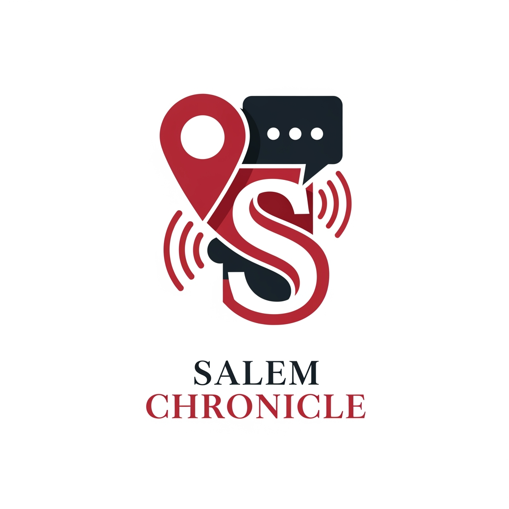 AI Design for esign a modern, iconic logo for "Salem Chronicle", a hyperlocal Instagram news and media brand. Create a unique emblem that combines a location pin, a speech bubble, and the letter "S" into one seamless, memorable symbol. Inside the design, subtly incorporate broadcast signal waves to represent breaking news and real-time updates. The logo should be bold, clean, and highly recognizable at small sizes, especially as an Instagram profile picture. The style should be premium, geometric, and minimal with strong negative space, similar to logos created by top branding agencies. Use deep red (#D71920), charcoal black, and white. The logo should feel trustworthy, fast, and authoritative. Flat vector style with perfect symmetry. No cartoon style, no mascots, no newspapers, no microphones, no cameras, no globes, no shields, no 3D effects, no gradients, and no stock icons. Create an original symbol that can stand alone without text while remaining instantly identifiable as a modern local news brand. Place the words "Salem Chronicle" below the emblem in a clean, elegant sans-serif font with balanced spacing. Transparent background.