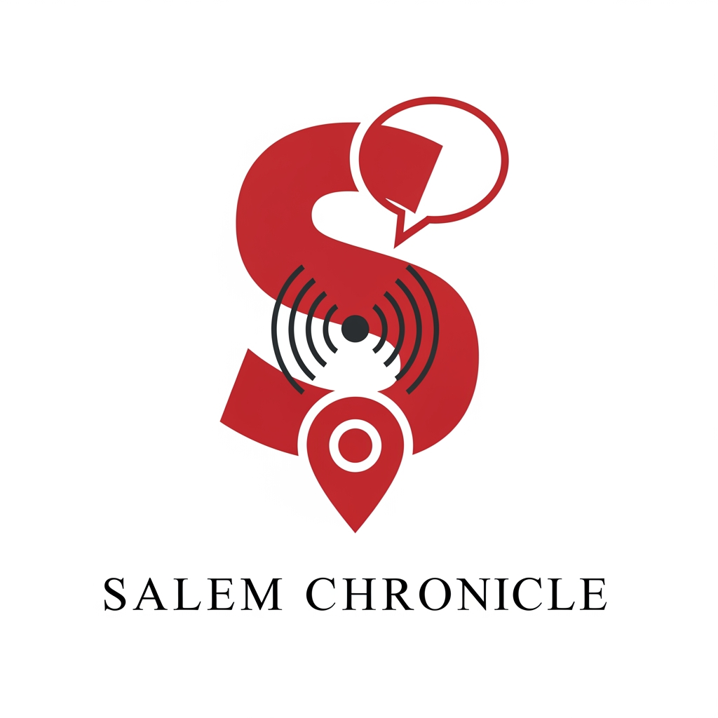 AI Design for esign a modern, iconic logo for "Salem Chronicle", a hyperlocal Instagram news and media brand. Create a unique emblem that combines a location pin, a speech bubble, and the letter "S" into one seamless, memorable symbol. Inside the design, subtly incorporate broadcast signal waves to represent breaking news and real-time updates. The logo should be bold, clean, and highly recognizable at small sizes, especially as an Instagram profile picture. The style should be premium, geometric, and minimal with strong negative space, similar to logos created by top branding agencies. Use deep red (#D71920), charcoal black, and white. The logo should feel trustworthy, fast, and authoritative. Flat vector style with perfect symmetry. No cartoon style, no mascots, no newspapers, no microphones, no cameras, no globes, no shields, no 3D effects, no gradients, and no stock icons. Create an original symbol that can stand alone without text while remaining instantly identifiable as a modern local news brand. Place the words "Salem Chronicle" below the emblem in a clean, elegant sans-serif font with balanced spacing. Transparent background.