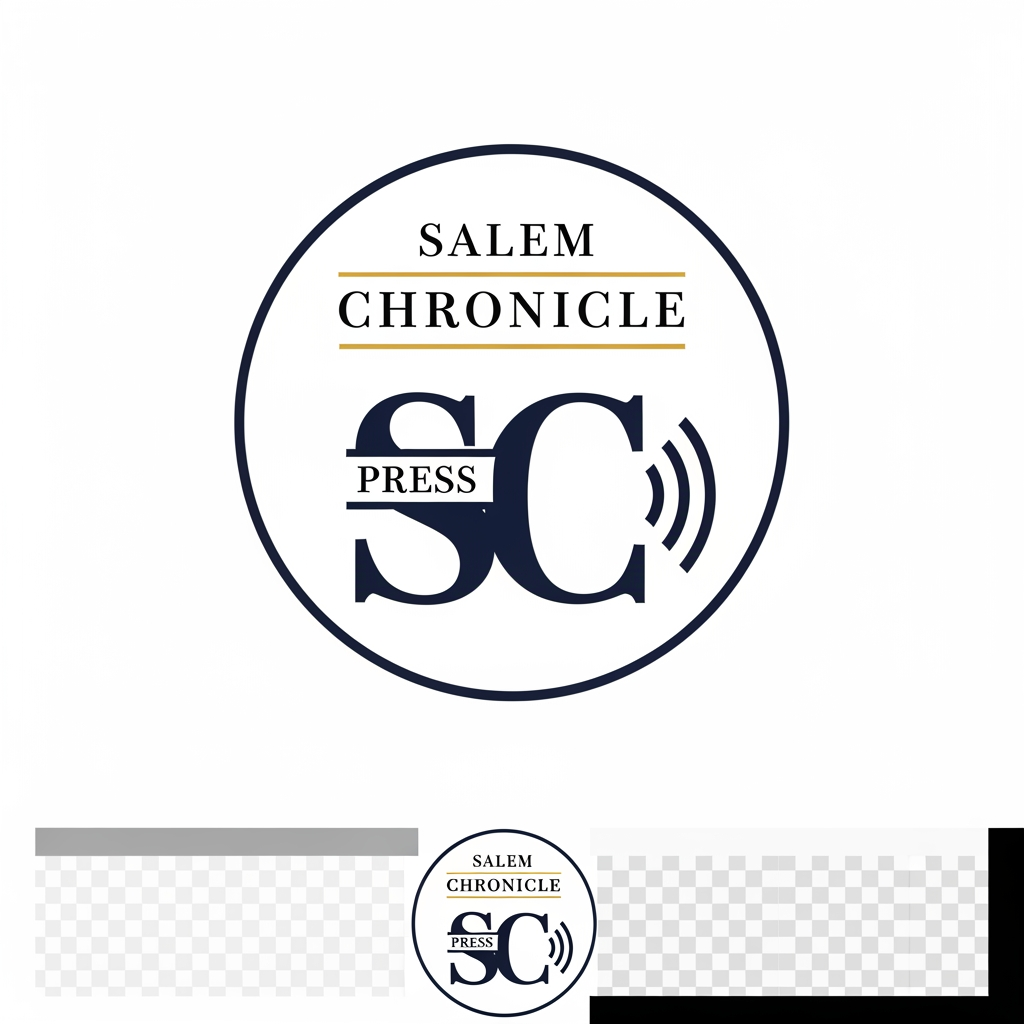 AI Design for eate a premium, luxury-style logo for "Salem Chronicle", a hyperlocal Instagram news and media brand covering breaking news, local events, politics, business, crime, traffic updates, weather, food, entertainment, and everything happening in Salem. The logo must instantly communicate "NEWS" at first glance. Design it like a professional media company, not a cartoon, mascot, or illustration. Use a bold editorial style with clean geometric typography, a strong monogram "SC", and subtle newspaper-inspired elements such as a headline layout, press lines, broadcast signal, location pin, or modern city silhouette integrated elegantly. Use a black, white, deep navy, and gold or crimson color palette to create authority, trust, and premium quality. Make the design minimal, flat vector, high contrast, and perfectly recognizable as an Instagram profile picture even at 40×40 pixels. The logo should look comparable to brands like BBC News, Reuters, Bloomberg, CNN, The New York Times, or modern digital media startups, while remaining completely original. No cartoons, no mascots, no clip art, no gradients, no 3D effects, no glowing effects, no mockups, no background textures, no unnecessary icons. The final output should be a clean vector logo on a white and transparent background with sharp edges, perfect for social media branding.