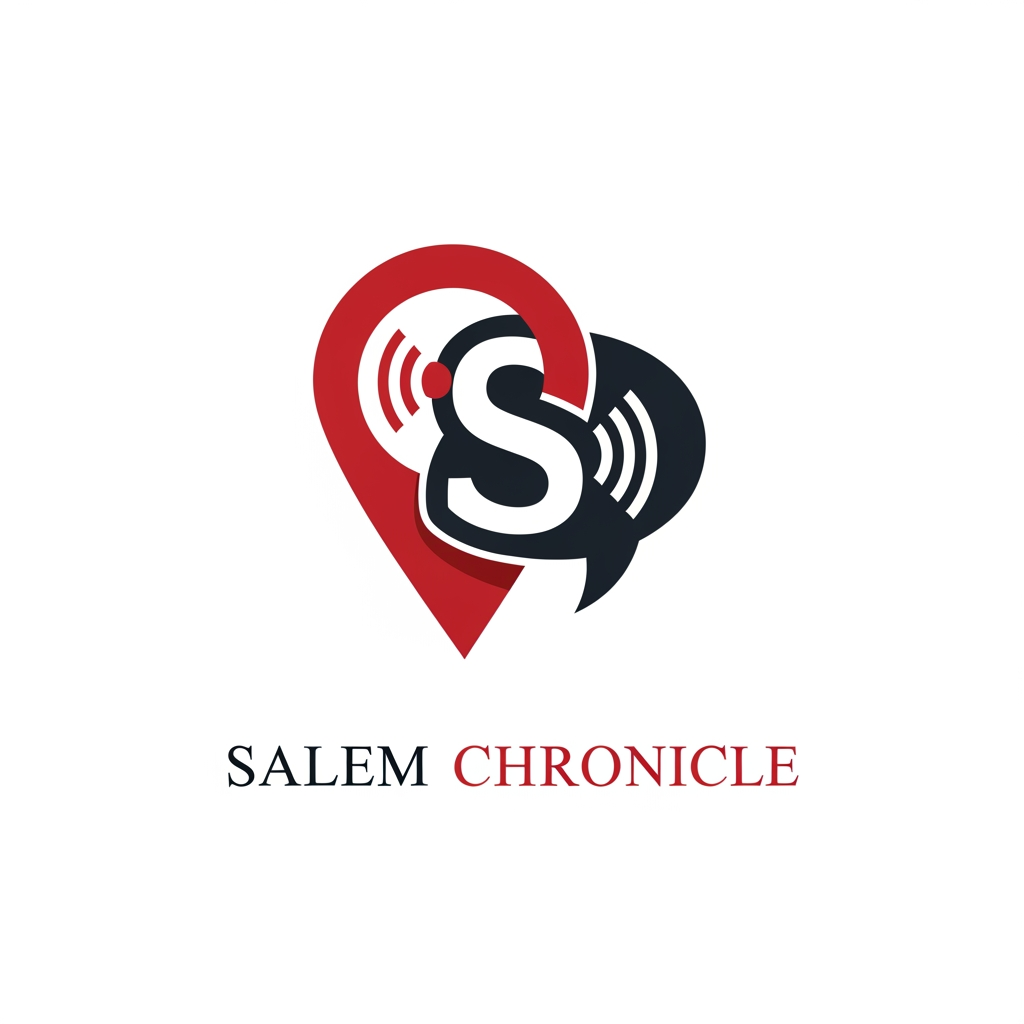 AI Design for esign a modern, iconic logo for "Salem Chronicle", a hyperlocal Instagram news and media brand. Create a unique emblem that combines a location pin, a speech bubble, and the letter "S" into one seamless, memorable symbol. Inside the design, subtly incorporate broadcast signal waves to represent breaking news and real-time updates. The logo should be bold, clean, and highly recognizable at small sizes, especially as an Instagram profile picture. The style should be premium, geometric, and minimal with strong negative space, similar to logos created by top branding agencies. Use deep red (#D71920), charcoal black, and white. The logo should feel trustworthy, fast, and authoritative. Flat vector style with perfect symmetry. No cartoon style, no mascots, no newspapers, no microphones, no cameras, no globes, no shields, no 3D effects, no gradients, and no stock icons. Create an original symbol that can stand alone without text while remaining instantly identifiable as a modern local news brand. Place the words "Salem Chronicle" below the emblem in a clean, elegant sans-serif font with balanced spacing. Transparent background.