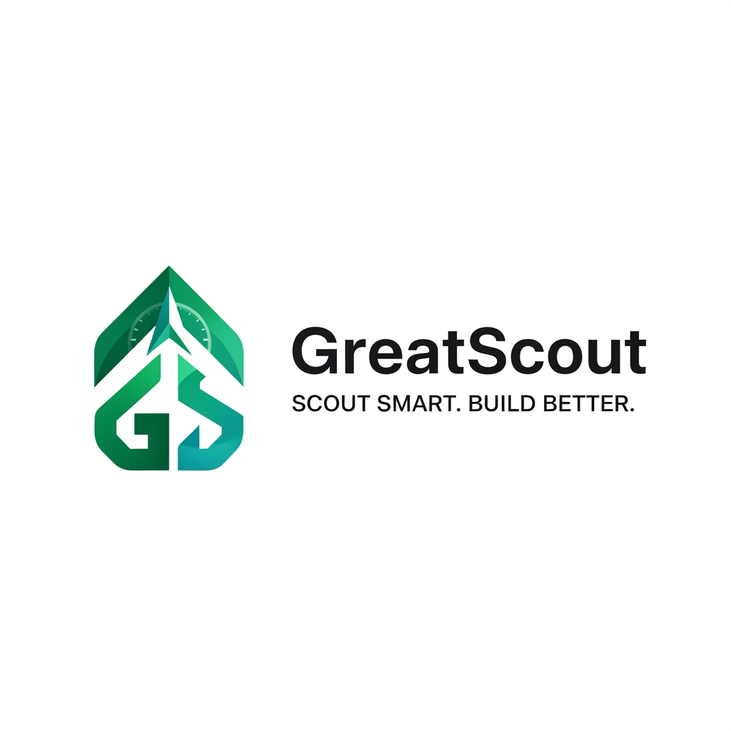AI Design for Design a unique, premium logo for "GreatScout". Freestyle the concept and create an original symbol that represents intelligence, innovation, discovery, growth, and technology. Avoid cliché AI icons like brains, robots, or generic magnifying glasses unless they naturally fit. Use a modern minimalist style with bold geometric shapes, an emerald green and teal color palette, and a clean sans-serif wordmark. Include the tagline: "SCOUT SMART. BUILD BETTER." The logo should feel iconic, memorable, scalable, and suitable for a world-class SaaS startup.