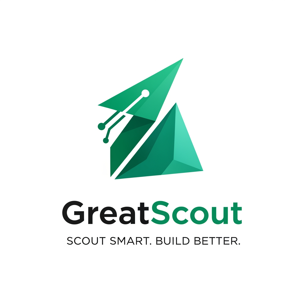 AI Design for Design a unique, premium logo for "GreatScout". Freestyle the concept and create an original symbol that represents intelligence, innovation, discovery, growth, and technology. Avoid cliché AI icons like brains, robots, or generic magnifying glasses unless they naturally fit. Use a modern minimalist style with bold geometric shapes, an emerald green and teal color palette, and a clean sans-serif wordmark. Include the tagline: "SCOUT SMART. BUILD BETTER." The logo should feel iconic, memorable, scalable, and suitable for a world-class SaaS startup.