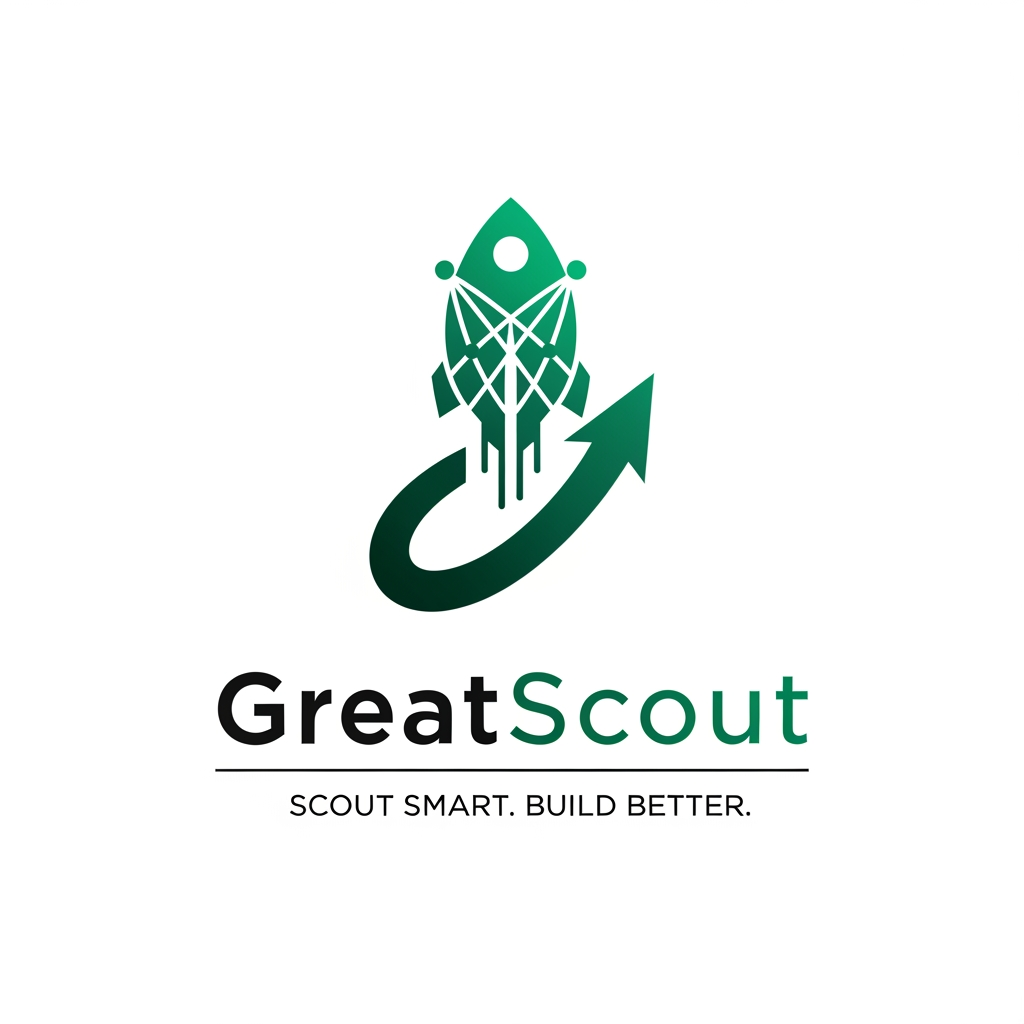 AI Design for Design a unique, premium logo for "GreatScout". Freestyle the concept and create an original symbol that represents intelligence, innovation, discovery, growth, and technology. Avoid cliché AI icons like brains, robots, or generic magnifying glasses unless they naturally fit. Use a modern minimalist style with bold geometric shapes, an emerald green and teal color palette, and a clean sans-serif wordmark. Include the tagline: "SCOUT SMART. BUILD BETTER." The logo should feel iconic, memorable, scalable, and suitable for a world-class SaaS startup.