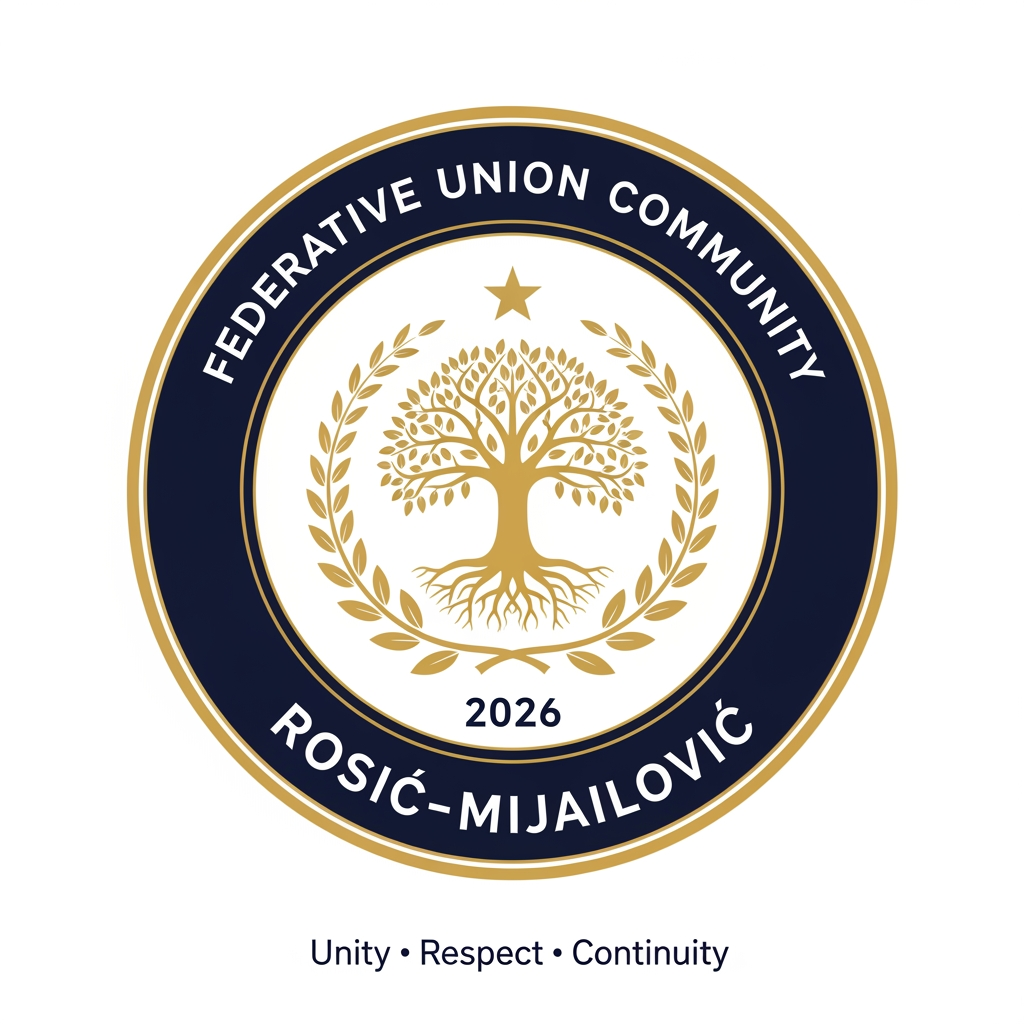 AI Design for Design a prestigious, official emblem for an organization named **"Federative Union Community Rosić–Mijailović"**.
The logo should resemble the emblem of a governmental institution or an international organization rather than a commercial company.
**Style:**
* Official
* Heraldic
* Classic
* Timeless
* Elegant
* Symmetrical
* Minimal but authoritative
**Color palette:**
* Deep navy blue
* Gold
* White
* Optional dark red accents
**Shape:**
* Circular emblem with a thick outer ring.
**Outer ring text:**
Top: **FEDERATIVE UNION COMMUNITY**
Bottom: **ROSIĆ–MIJAILOVIĆ**
**Centerpiece:**
A golden Tree of Life symbolizing family roots, unity, continuity, and future generations.
Surround the tree with a symmetrical laurel wreath representing honor, dignity, peace, and stability.
Place a subtle five-pointed star above the tree as a symbol of guidance and unity (not political).
At the bottom, include the founding year: **2026**.
Below the emblem, add the official motto:
**"Unity • Respect • Continuity"**
The design should feel like the official seal of a constitutional institution or international federation, inspired by the visual identity of government emblems, constitutional courts, ministries, and international organizations. Avoid corporate, startup, gaming, cartoon, or futuristic styles. Use crisp vector graphics with high detail, balanced proportions, and a premium, ceremonial appearance.