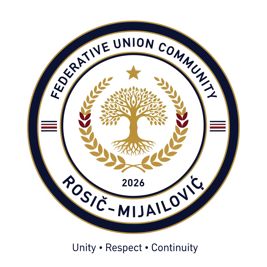 AI Design for Design a prestigious, official emblem for an organization named **"Federative Union Community Rosić–Mijailović"**.
The logo should resemble the emblem of a governmental institution or an international organization rather than a commercial company.
**Style:**
* Official
* Heraldic
* Classic
* Timeless
* Elegant
* Symmetrical
* Minimal but authoritative
**Color palette:**
* Deep navy blue
* Gold
* White
* Optional dark red accents
**Shape:**
* Circular emblem with a thick outer ring.
**Outer ring text:**
Top: **FEDERATIVE UNION COMMUNITY**
Bottom: **ROSIĆ–MIJAILOVIĆ**
**Centerpiece:**
A golden Tree of Life symbolizing family roots, unity, continuity, and future generations.
Surround the tree with a symmetrical laurel wreath representing honor, dignity, peace, and stability.
Place a subtle five-pointed star above the tree as a symbol of guidance and unity (not political).
At the bottom, include the founding year: **2026**.
Below the emblem, add the official motto:
**"Unity • Respect • Continuity"**
The design should feel like the official seal of a constitutional institution or international federation, inspired by the visual identity of government emblems, constitutional courts, ministries, and international organizations. Avoid corporate, startup, gaming, cartoon, or futuristic styles. Use crisp vector graphics with high detail, balanced proportions, and a premium, ceremonial appearance.