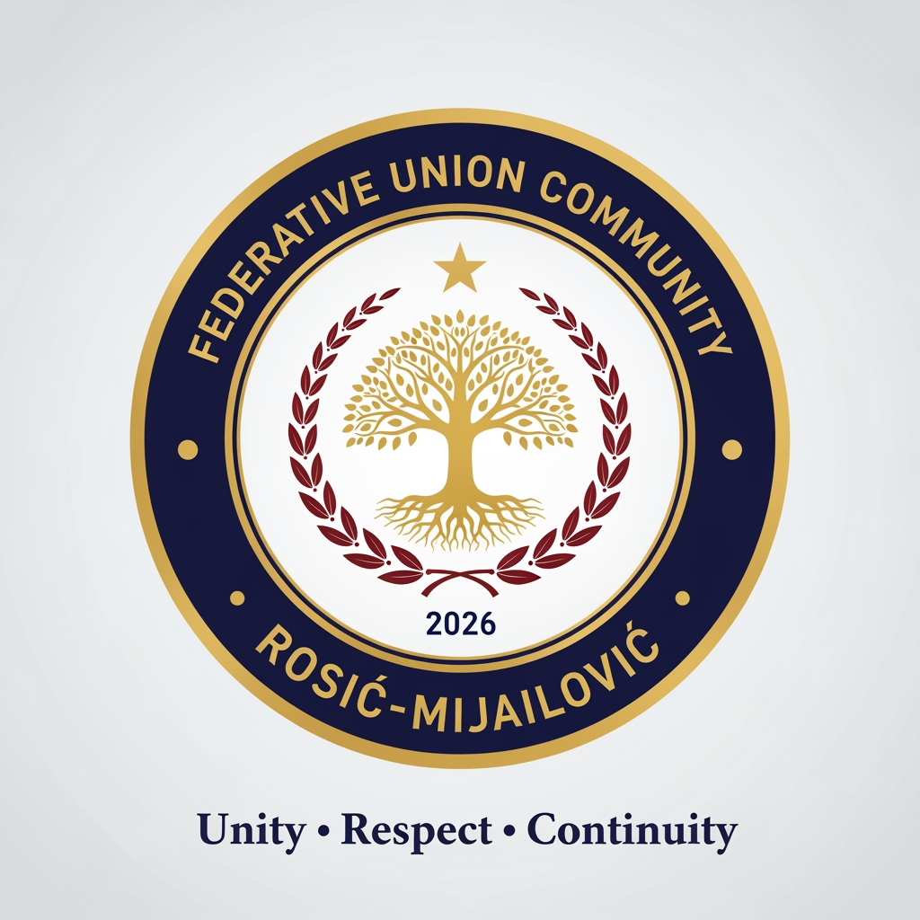 AI Design for Design a prestigious, official emblem for an organization named **"Federative Union Community Rosić–Mijailović"**.
The logo should resemble the emblem of a governmental institution or an international organization rather than a commercial company.
**Style:**
* Official
* Heraldic
* Classic
* Timeless
* Elegant
* Symmetrical
* Minimal but authoritative
**Color palette:**
* Deep navy blue
* Gold
* White
* Optional dark red accents
**Shape:**
* Circular emblem with a thick outer ring.
**Outer ring text:**
Top: **FEDERATIVE UNION COMMUNITY**
Bottom: **ROSIĆ–MIJAILOVIĆ**
**Centerpiece:**
A golden Tree of Life symbolizing family roots, unity, continuity, and future generations.
Surround the tree with a symmetrical laurel wreath representing honor, dignity, peace, and stability.
Place a subtle five-pointed star above the tree as a symbol of guidance and unity (not political).
At the bottom, include the founding year: **2026**.
Below the emblem, add the official motto:
**"Unity • Respect • Continuity"**
The design should feel like the official seal of a constitutional institution or international federation, inspired by the visual identity of government emblems, constitutional courts, ministries, and international organizations. Avoid corporate, startup, gaming, cartoon, or futuristic styles. Use crisp vector graphics with high detail, balanced proportions, and a premium, ceremonial appearance.