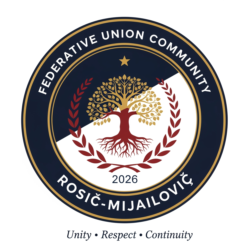 AI Design for Design a prestigious, official emblem for an organization named **"Federative Union Community Rosić–Mijailović"**.
The logo should resemble the emblem of a governmental institution or an international organization rather than a commercial company.
**Style:**
* Official
* Heraldic
* Classic
* Timeless
* Elegant
* Symmetrical
* Minimal but authoritative
**Color palette:**
* Deep navy blue
* Gold
* White
* Optional dark red accents
**Shape:**
* Circular emblem with a thick outer ring.
**Outer ring text:**
Top: **FEDERATIVE UNION COMMUNITY**
Bottom: **ROSIĆ–MIJAILOVIĆ**
**Centerpiece:**
A golden Tree of Life symbolizing family roots, unity, continuity, and future generations.
Surround the tree with a symmetrical laurel wreath representing honor, dignity, peace, and stability.
Place a subtle five-pointed star above the tree as a symbol of guidance and unity (not political).
At the bottom, include the founding year: **2026**.
Below the emblem, add the official motto:
**"Unity • Respect • Continuity"**
The design should feel like the official seal of a constitutional institution or international federation, inspired by the visual identity of government emblems, constitutional courts, ministries, and international organizations. Avoid corporate, startup, gaming, cartoon, or futuristic styles. Use crisp vector graphics with high detail, balanced proportions, and a premium, ceremonial appearance.
