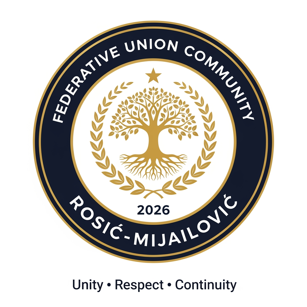 AI Design for Design a prestigious, official emblem for an organization named **"Federative Union Community Rosić–Mijailović"**.
The logo should resemble the emblem of a governmental institution or an international organization rather than a commercial company.
**Style:**
* Official
* Heraldic
* Classic
* Timeless
* Elegant
* Symmetrical
* Minimal but authoritative
**Color palette:**
* Deep navy blue
* Gold
* White
* Optional dark red accents
**Shape:**
* Circular emblem with a thick outer ring.
**Outer ring text:**
Top: **FEDERATIVE UNION COMMUNITY**
Bottom: **ROSIĆ–MIJAILOVIĆ**
**Centerpiece:**
A golden Tree of Life symbolizing family roots, unity, continuity, and future generations.
Surround the tree with a symmetrical laurel wreath representing honor, dignity, peace, and stability.
Place a subtle five-pointed star above the tree as a symbol of guidance and unity (not political).
At the bottom, include the founding year: **2026**.
Below the emblem, add the official motto:
**"Unity • Respect • Continuity"**
The design should feel like the official seal of a constitutional institution or international federation, inspired by the visual identity of government emblems, constitutional courts, ministries, and international organizations. Avoid corporate, startup, gaming, cartoon, or futuristic styles. Use crisp vector graphics with high detail, balanced proportions, and a premium, ceremonial appearance.