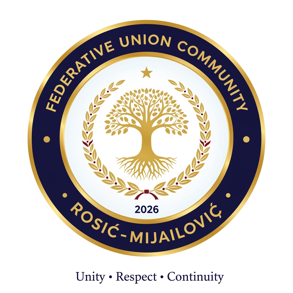 AI Design for Design a prestigious, official emblem for an organization named **"Federative Union Community Rosić–Mijailović"**.
The logo should resemble the emblem of a governmental institution or an international organization rather than a commercial company.
**Style:**
* Official
* Heraldic
* Classic
* Timeless
* Elegant
* Symmetrical
* Minimal but authoritative
**Color palette:**
* Deep navy blue
* Gold
* White
* Optional dark red accents
**Shape:**
* Circular emblem with a thick outer ring.
**Outer ring text:**
Top: **FEDERATIVE UNION COMMUNITY**
Bottom: **ROSIĆ–MIJAILOVIĆ**
**Centerpiece:**
A golden Tree of Life symbolizing family roots, unity, continuity, and future generations.
Surround the tree with a symmetrical laurel wreath representing honor, dignity, peace, and stability.
Place a subtle five-pointed star above the tree as a symbol of guidance and unity (not political).
At the bottom, include the founding year: **2026**.
Below the emblem, add the official motto:
**"Unity • Respect • Continuity"**
The design should feel like the official seal of a constitutional institution or international federation, inspired by the visual identity of government emblems, constitutional courts, ministries, and international organizations. Avoid corporate, startup, gaming, cartoon, or futuristic styles. Use crisp vector graphics with high detail, balanced proportions, and a premium, ceremonial appearance.