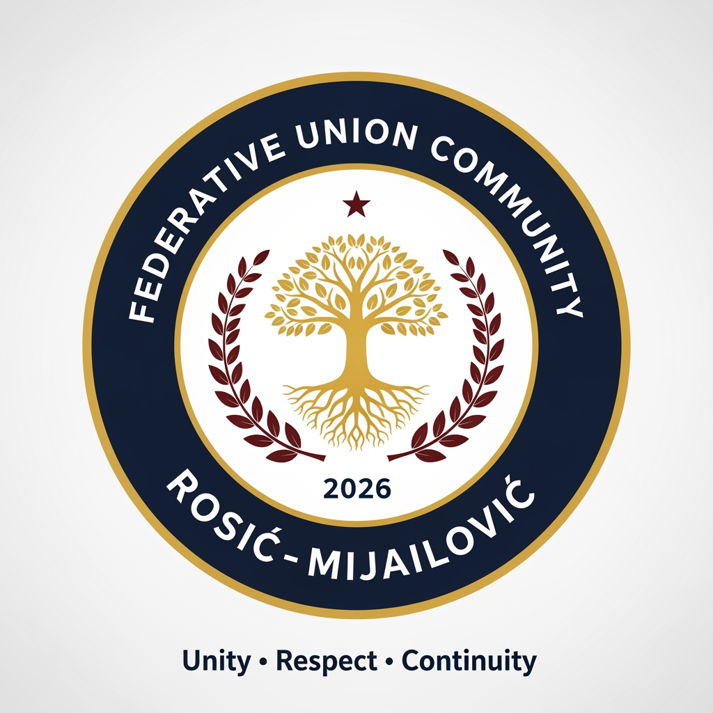 AI Design for Design a prestigious, official emblem for an organization named **"Federative Union Community Rosić–Mijailović"**.
The logo should resemble the emblem of a governmental institution or an international organization rather than a commercial company.
**Style:**
* Official
* Heraldic
* Classic
* Timeless
* Elegant
* Symmetrical
* Minimal but authoritative
**Color palette:**
* Deep navy blue
* Gold
* White
* Optional dark red accents
**Shape:**
* Circular emblem with a thick outer ring.
**Outer ring text:**
Top: **FEDERATIVE UNION COMMUNITY**
Bottom: **ROSIĆ–MIJAILOVIĆ**
**Centerpiece:**
A golden Tree of Life symbolizing family roots, unity, continuity, and future generations.
Surround the tree with a symmetrical laurel wreath representing honor, dignity, peace, and stability.
Place a subtle five-pointed star above the tree as a symbol of guidance and unity (not political).
At the bottom, include the founding year: **2026**.
Below the emblem, add the official motto:
**"Unity • Respect • Continuity"**
The design should feel like the official seal of a constitutional institution or international federation, inspired by the visual identity of government emblems, constitutional courts, ministries, and international organizations. Avoid corporate, startup, gaming, cartoon, or futuristic styles. Use crisp vector graphics with high detail, balanced proportions, and a premium, ceremonial appearance.