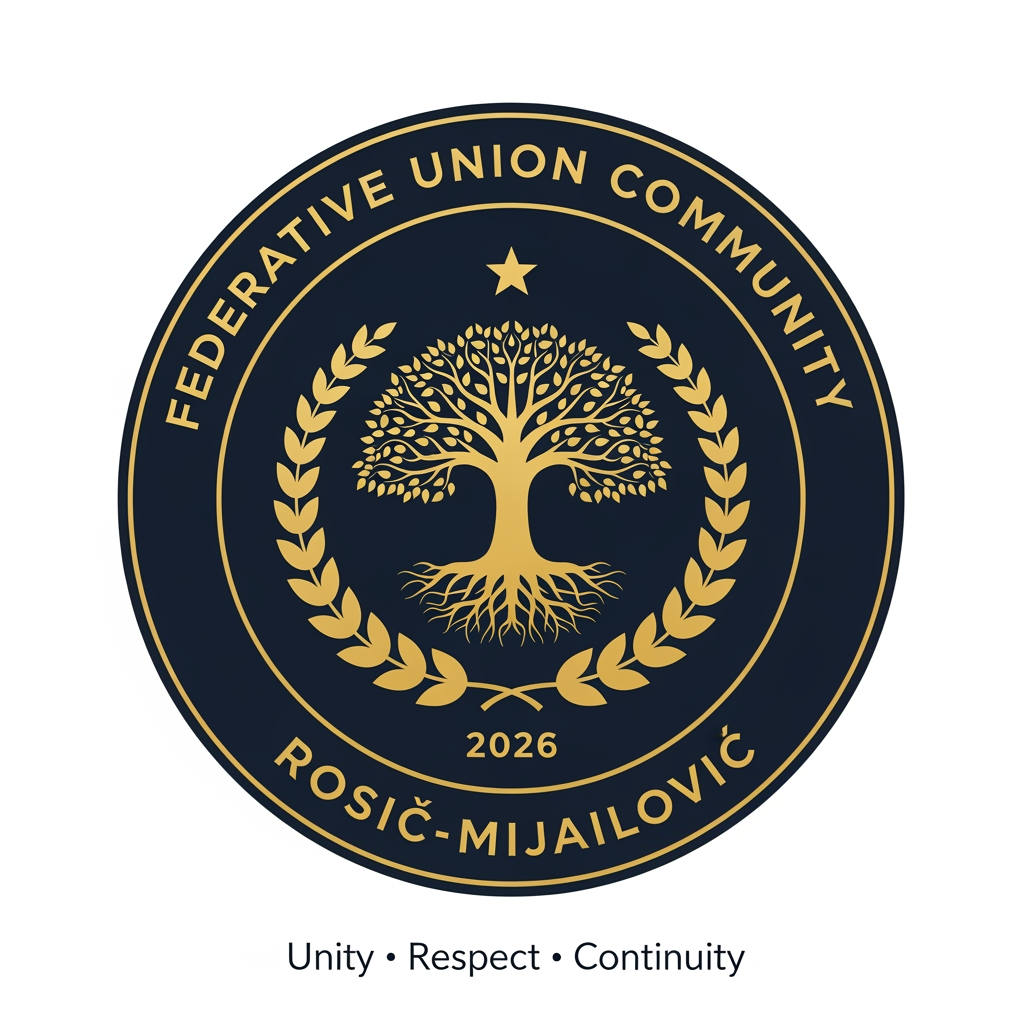 AI Design for Design a prestigious, official emblem for an organization named **"Federative Union Community Rosić–Mijailović"**.
The logo should resemble the emblem of a governmental institution or an international organization rather than a commercial company.
**Style:**
* Official
* Heraldic
* Classic
* Timeless
* Elegant
* Symmetrical
* Minimal but authoritative
**Color palette:**
* Deep navy blue
* Gold
* White
* Optional dark red accents
**Shape:**
* Circular emblem with a thick outer ring.
**Outer ring text:**
Top: **FEDERATIVE UNION COMMUNITY**
Bottom: **ROSIĆ–MIJAILOVIĆ**
**Centerpiece:**
A golden Tree of Life symbolizing family roots, unity, continuity, and future generations.
Surround the tree with a symmetrical laurel wreath representing honor, dignity, peace, and stability.
Place a subtle five-pointed star above the tree as a symbol of guidance and unity (not political).
At the bottom, include the founding year: **2026**.
Below the emblem, add the official motto:
**"Unity • Respect • Continuity"**
The design should feel like the official seal of a constitutional institution or international federation, inspired by the visual identity of government emblems, constitutional courts, ministries, and international organizations. Avoid corporate, startup, gaming, cartoon, or futuristic styles. Use crisp vector graphics with high detail, balanced proportions, and a premium, ceremonial appearance.