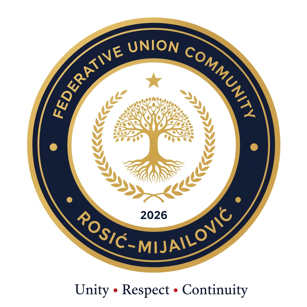 AI Design for Design a prestigious, official emblem for an organization named **"Federative Union Community Rosić–Mijailović"**.
The logo should resemble the emblem of a governmental institution or an international organization rather than a commercial company.
**Style:**
* Official
* Heraldic
* Classic
* Timeless
* Elegant
* Symmetrical
* Minimal but authoritative
**Color palette:**
* Deep navy blue
* Gold
* White
* Optional dark red accents
**Shape:**
* Circular emblem with a thick outer ring.
**Outer ring text:**
Top: **FEDERATIVE UNION COMMUNITY**
Bottom: **ROSIĆ–MIJAILOVIĆ**
**Centerpiece:**
A golden Tree of Life symbolizing family roots, unity, continuity, and future generations.
Surround the tree with a symmetrical laurel wreath representing honor, dignity, peace, and stability.
Place a subtle five-pointed star above the tree as a symbol of guidance and unity (not political).
At the bottom, include the founding year: **2026**.
Below the emblem, add the official motto:
**"Unity • Respect • Continuity"**
The design should feel like the official seal of a constitutional institution or international federation, inspired by the visual identity of government emblems, constitutional courts, ministries, and international organizations. Avoid corporate, startup, gaming, cartoon, or futuristic styles. Use crisp vector graphics with high detail, balanced proportions, and a premium, ceremonial appearance.