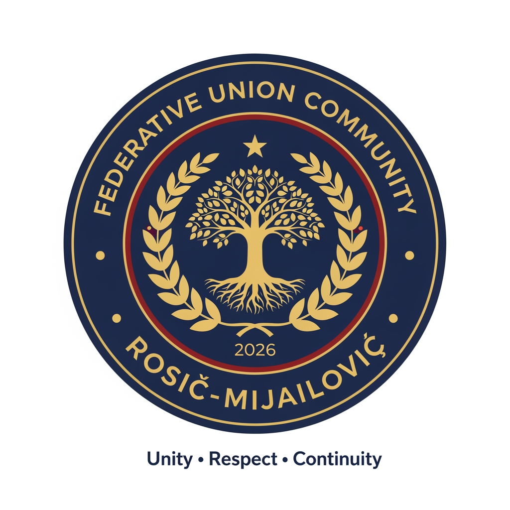 AI Design for Design a prestigious, official emblem for an organization named **"Federative Union Community Rosić–Mijailović"**.
The logo should resemble the emblem of a governmental institution or an international organization rather than a commercial company.
**Style:**
* Official
* Heraldic
* Classic
* Timeless
* Elegant
* Symmetrical
* Minimal but authoritative
**Color palette:**
* Deep navy blue
* Gold
* White
* Optional dark red accents
**Shape:**
* Circular emblem with a thick outer ring.
**Outer ring text:**
Top: **FEDERATIVE UNION COMMUNITY**
Bottom: **ROSIĆ–MIJAILOVIĆ**
**Centerpiece:**
A golden Tree of Life symbolizing family roots, unity, continuity, and future generations.
Surround the tree with a symmetrical laurel wreath representing honor, dignity, peace, and stability.
Place a subtle five-pointed star above the tree as a symbol of guidance and unity (not political).
At the bottom, include the founding year: **2026**.
Below the emblem, add the official motto:
**"Unity • Respect • Continuity"**
The design should feel like the official seal of a constitutional institution or international federation, inspired by the visual identity of government emblems, constitutional courts, ministries, and international organizations. Avoid corporate, startup, gaming, cartoon, or futuristic styles. Use crisp vector graphics with high detail, balanced proportions, and a premium, ceremonial appearance.