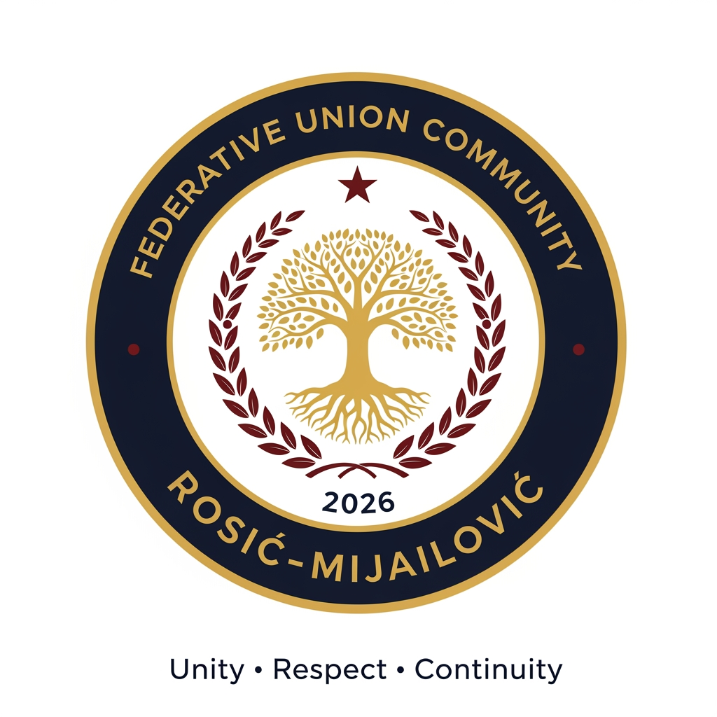 AI Design for Design a prestigious, official emblem for an organization named **"Federative Union Community Rosić–Mijailović"**.
The logo should resemble the emblem of a governmental institution or an international organization rather than a commercial company.
**Style:**
* Official
* Heraldic
* Classic
* Timeless
* Elegant
* Symmetrical
* Minimal but authoritative
**Color palette:**
* Deep navy blue
* Gold
* White
* Optional dark red accents
**Shape:**
* Circular emblem with a thick outer ring.
**Outer ring text:**
Top: **FEDERATIVE UNION COMMUNITY**
Bottom: **ROSIĆ–MIJAILOVIĆ**
**Centerpiece:**
A golden Tree of Life symbolizing family roots, unity, continuity, and future generations.
Surround the tree with a symmetrical laurel wreath representing honor, dignity, peace, and stability.
Place a subtle five-pointed star above the tree as a symbol of guidance and unity (not political).
At the bottom, include the founding year: **2026**.
Below the emblem, add the official motto:
**"Unity • Respect • Continuity"**
The design should feel like the official seal of a constitutional institution or international federation, inspired by the visual identity of government emblems, constitutional courts, ministries, and international organizations. Avoid corporate, startup, gaming, cartoon, or futuristic styles. Use crisp vector graphics with high detail, balanced proportions, and a premium, ceremonial appearance.