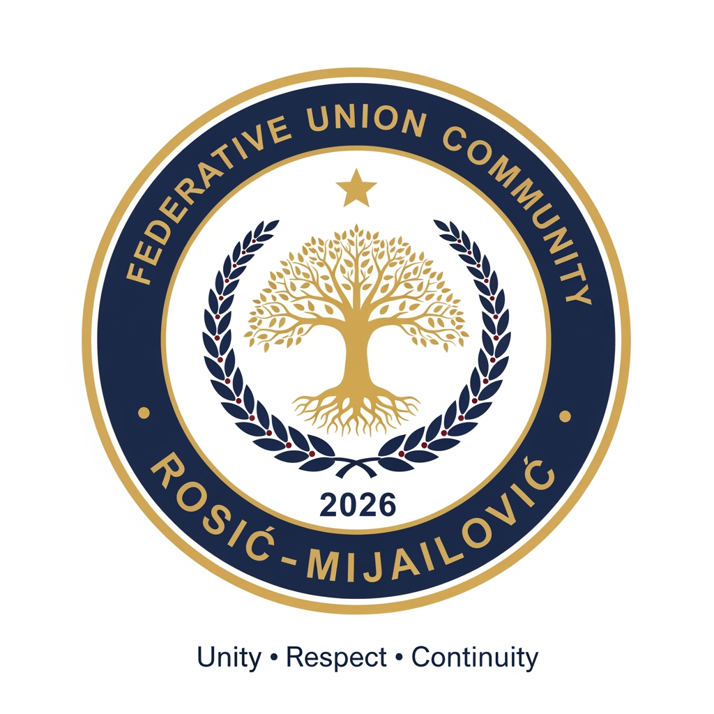 AI Design for Design a prestigious, official emblem for an organization named **"Federative Union Community Rosić–Mijailović"**.
The logo should resemble the emblem of a governmental institution or an international organization rather than a commercial company.
**Style:**
* Official
* Heraldic
* Classic
* Timeless
* Elegant
* Symmetrical
* Minimal but authoritative
**Color palette:**
* Deep navy blue
* Gold
* White
* Optional dark red accents
**Shape:**
* Circular emblem with a thick outer ring.
**Outer ring text:**
Top: **FEDERATIVE UNION COMMUNITY**
Bottom: **ROSIĆ–MIJAILOVIĆ**
**Centerpiece:**
A golden Tree of Life symbolizing family roots, unity, continuity, and future generations.
Surround the tree with a symmetrical laurel wreath representing honor, dignity, peace, and stability.
Place a subtle five-pointed star above the tree as a symbol of guidance and unity (not political).
At the bottom, include the founding year: **2026**.
Below the emblem, add the official motto:
**"Unity • Respect • Continuity"**
The design should feel like the official seal of a constitutional institution or international federation, inspired by the visual identity of government emblems, constitutional courts, ministries, and international organizations. Avoid corporate, startup, gaming, cartoon, or futuristic styles. Use crisp vector graphics with high detail, balanced proportions, and a premium, ceremonial appearance.