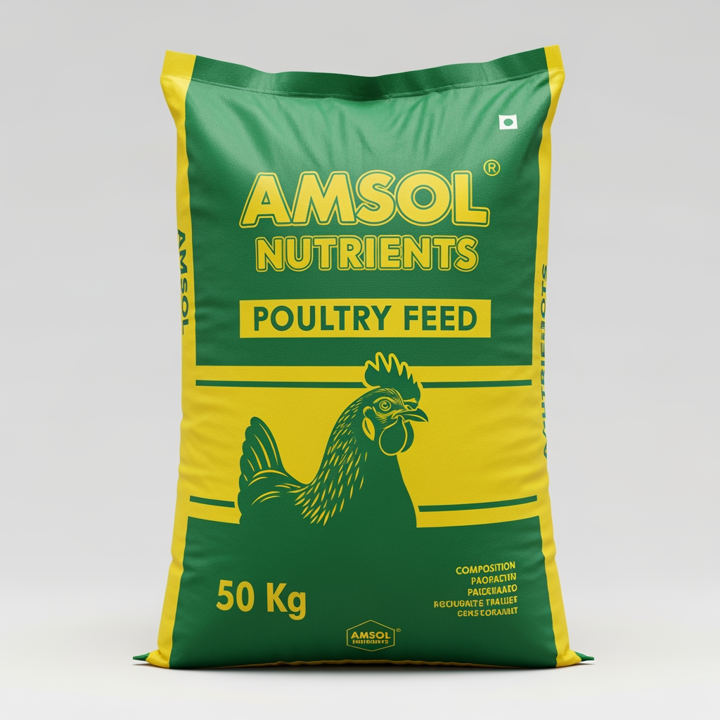 AI Design for AMSOL Nutrients  Poultry Feed  50 Kg bag  Green and Yellow Colors Bag,