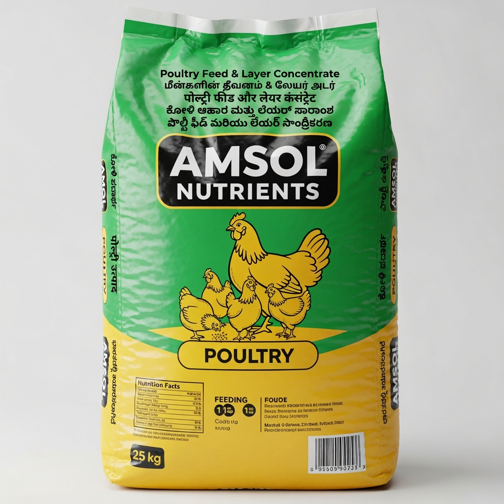 AI Design for "AMSOL Nutrients" Poultry Feed & Layer Concentrate  Add Side Gajets Tamil, Telugu, Kannada, Hindi Language