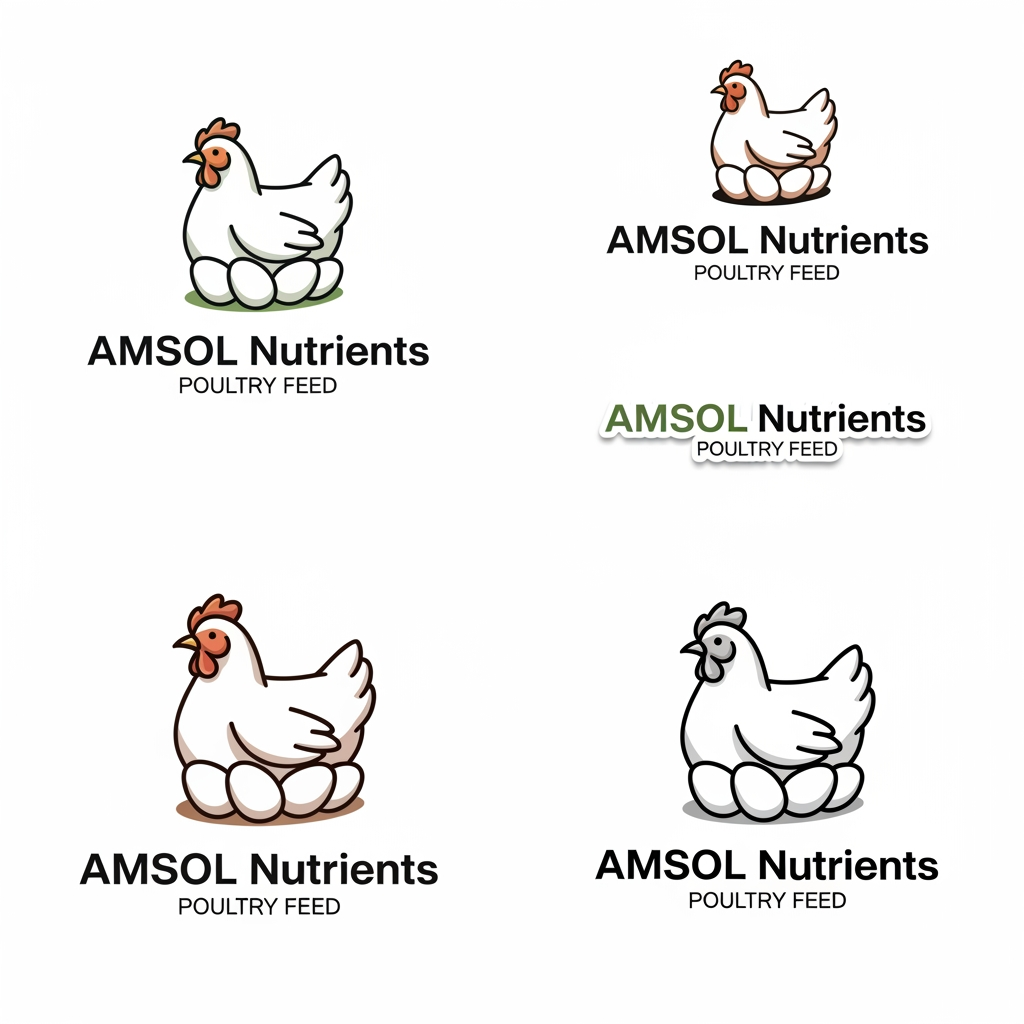 AI Design for "AMSOL Nutrients"  Poultry Feed White color Layer Hens and 6 No's White color Eggs Create Professional Logo Brand give me 4 Type of Styles PNG Files