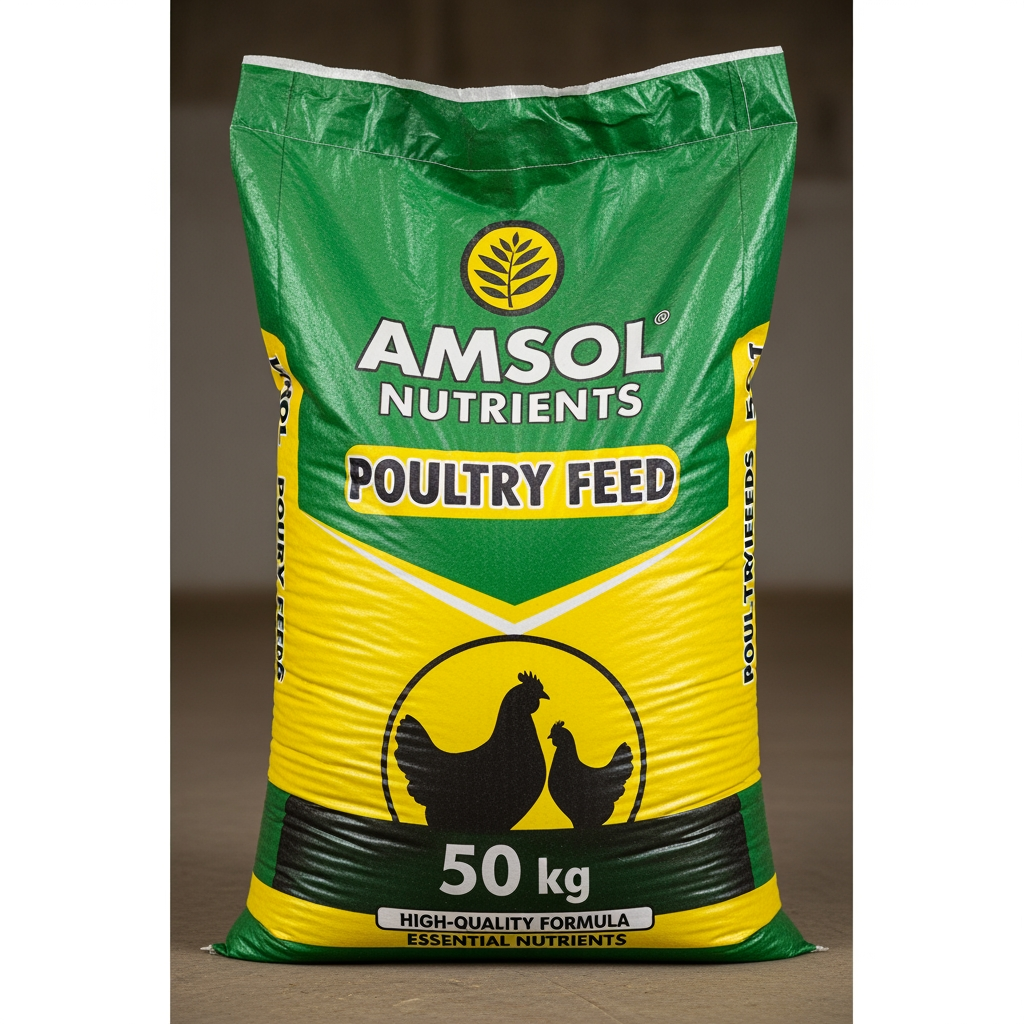 AI Design for AMSOL Nutrients  Poultry Feed  50 Kg bag  Green and Yellow Colors Bag,