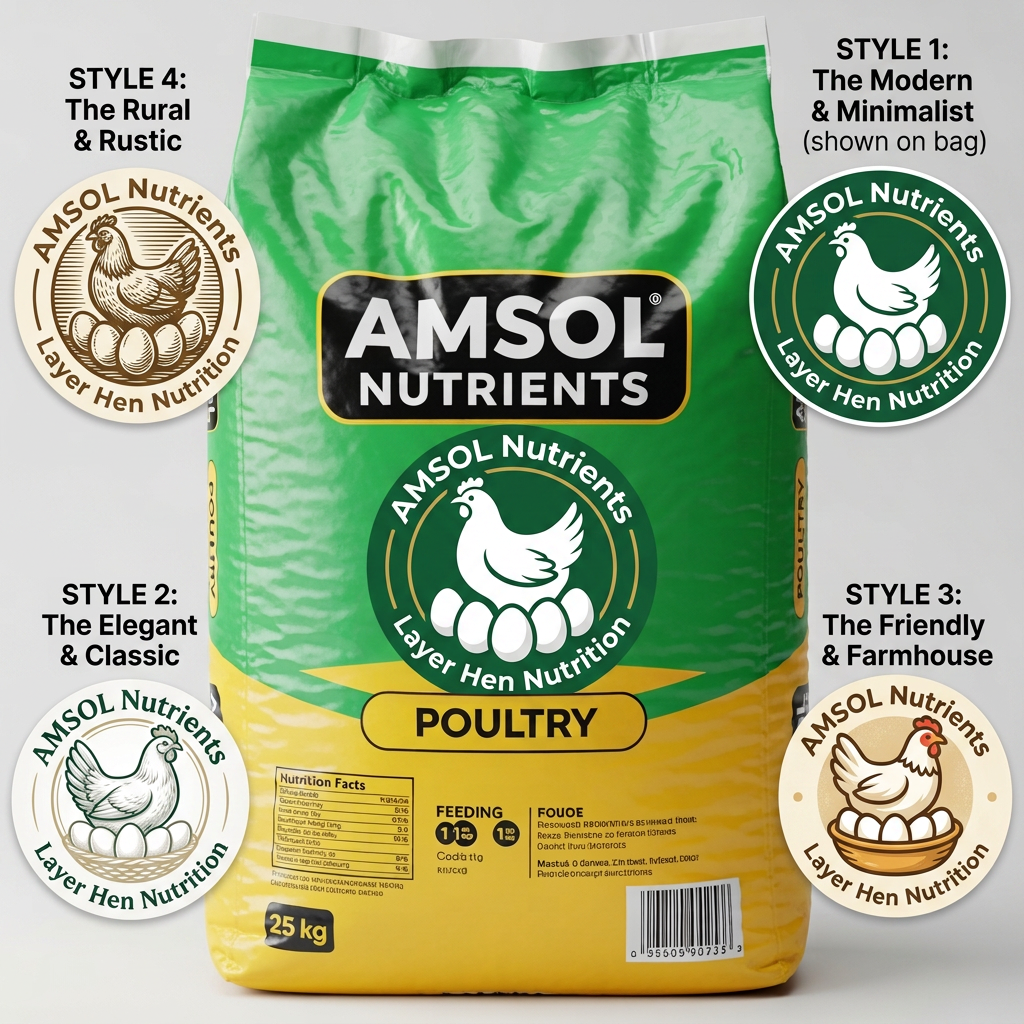 AI Design for "AMSOL Nutrients"  Poultry Feed White color Layer Hens and 6 No's White color Eggs Create Professional Logo Brand give me 4 Type of Styles