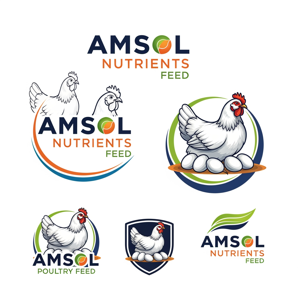 AI Design for "AMSOL Nutrients"  Poultry Feed White color Layer Hens and 6 No's White color Eggs Create Professional Logo Brand give me 4 Type of Styles PNG Files
