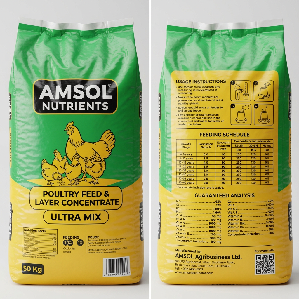 AI Design for "AMSOL Nutrients" Poultry Feed & Layer Concentrate  50 Kg Bag  Create 2 Images Front and Back Delete White Background on back side Add same Green color