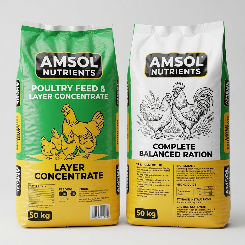AI Design for "AMSOL Nutrients" Poultry Feed & Layer Concentrate  50 Kg Bag  Create 2 Images Front and Back