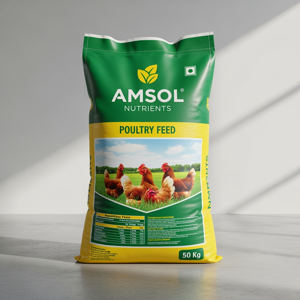 AI Design for AMSOL Nutrients  Poultry Feed  50 Kg bag  Green and Yellow Colors Bag,