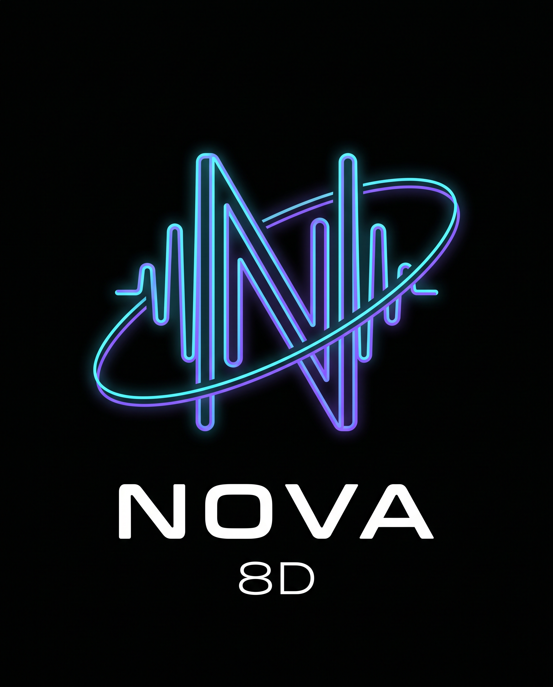 AI Design for Design a premium, modern, minimalist logo for a music brand named "Nova 8D".

The logo should feature a custom-designed letter "N" constructed from clean audio waveform lines, creating a recognizable monogram instead of a generic font. Integrate a subtle orbital ring that wraps naturally around the N, symbolizing immersive 8D spatial audio. The orbit should be elegant and balanced, not oversized or cartoonish.

The design must follow professional brand identity principles:
• Flat vector style
• Geometric precision
• Clean negative space
• Consistent stroke widths
• Symmetrical composition
• Strong silhouette that remains recognizable at small sizes
• No stock icons or clip-art appearance

Color palette:
• Background: Pure Black (#050505)
• Primary: Electric Cyan (#00D9FF)
• Secondary: Neon Violet (#8B3DFF)
• Accent: White (#FFFFFF)

Apply only a very subtle outer glow to the cyan and violet elements. Avoid excessive bloom or lighting effects. The logo should feel premium and timeless rather than flashy.

Typography:
Use a custom futuristic sans-serif wordmark reading "NOVA" beneath the symbol with generous letter spacing. Place "8D" centered below in a smaller size using a thin modern font.

Overall style:
Luxury technology brand, spatial audio, futuristic, cyber-minimal, inspired by high-end branding from companies like Nothing, Teenage Engineering, Bang & Olufsen, and modern esports identities.

Deliverables appearance:
• Vector logo
• Crisp edges
• High contrast
• Centered composition
• Black background
• Perfectly balanced proportions
• Suitable for YouTube profile pictures, social media, websites, and merchandise

Do NOT include:
Headphones, speakers, microphones, musical notes, stars, planets, galaxies, gradients covering the entire logo, lens flares, 3D effects, mockups, AI-art style, or cluttered backgrounds.
