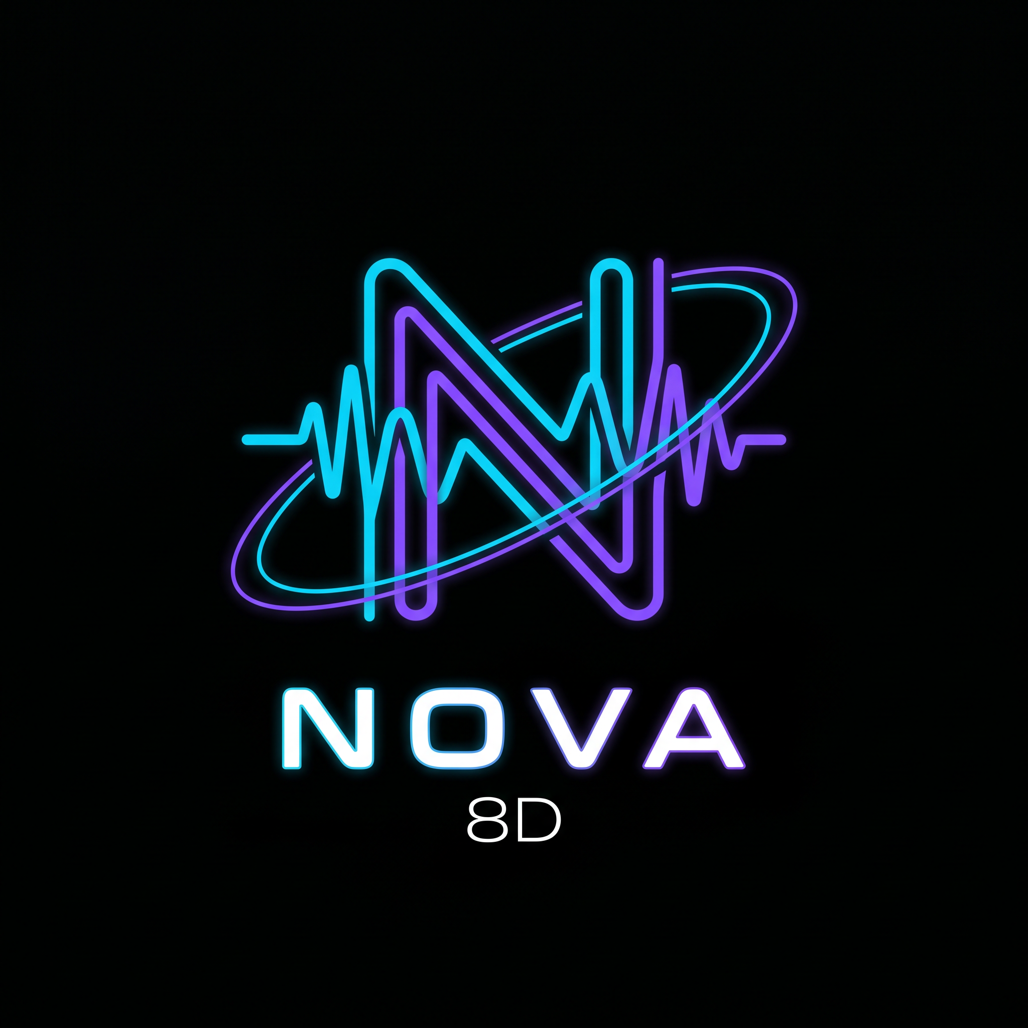 AI Design for Design a premium, modern, minimalist logo for a music brand named "Nova 8D".

The logo should feature a custom-designed letter "N" constructed from clean audio waveform lines, creating a recognizable monogram instead of a generic font. Integrate a subtle orbital ring that wraps naturally around the N, symbolizing immersive 8D spatial audio. The orbit should be elegant and balanced, not oversized or cartoonish.

The design must follow professional brand identity principles:
• Flat vector style
• Geometric precision
• Clean negative space
• Consistent stroke widths
• Symmetrical composition
• Strong silhouette that remains recognizable at small sizes
• No stock icons or clip-art appearance

Color palette:
• Background: Pure Black (#050505)
• Primary: Electric Cyan (#00D9FF)
• Secondary: Neon Violet (#8B3DFF)
• Accent: White (#FFFFFF)

Apply only a very subtle outer glow to the cyan and violet elements. Avoid excessive bloom or lighting effects. The logo should feel premium and timeless rather than flashy.

Typography:
Use a custom futuristic sans-serif wordmark reading "NOVA" beneath the symbol with generous letter spacing. Place "8D" centered below in a smaller size using a thin modern font.

Overall style:
Luxury technology brand, spatial audio, futuristic, cyber-minimal, inspired by high-end branding from companies like Nothing, Teenage Engineering, Bang & Olufsen, and modern esports identities.

Deliverables appearance:
• Vector logo
• Crisp edges
• High contrast
• Centered composition
• Black background
• Perfectly balanced proportions
• Suitable for YouTube profile pictures, social media, websites, and merchandise

Do NOT include:
Headphones, speakers, microphones, musical notes, stars, planets, galaxies, gradients covering the entire logo, lens flares, 3D effects, mockups, AI-art style, or cluttered backgrounds.