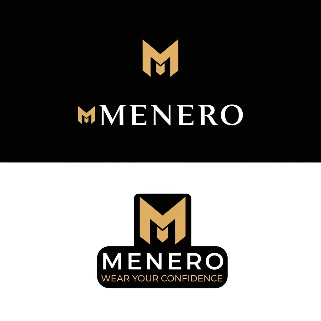 AI Design for For MENERO, because you are building a modern oversized T-shirt / streetwear fashion brand, your company logo should be simple, recognizable, premium, and easy to use everywhere.

I recommend this exact logo system:

Primary company logo: a clean horizontal MENERO wordmark with a small custom M symbol. This should be used on your Shopify header, invoices, packaging, and official brand material.
Brand icon: only the custom M. Use it for favicon, Instagram profile picture, app icon, T-shirt neck label, and small tags.
Secondary luxury logo: the stacked version — large M, then MENERO, then small tagline WEAR YOUR CONFIDENCE. Use it on packaging, thank-you cards, posters, and premium brand presentations.

For the design itself, I would choose black + warm gold + white, but avoid a shiny metallic gradient in the main digital logo. A flat gold is cleaner and more professional. The font should be a custom modern serif or sharp contemporary typeface, with good letter spacing. Your current giant serif M looks premium, but slightly like a jewellery or perfume brand; I would modernize it to feel more fashion/streetwear.