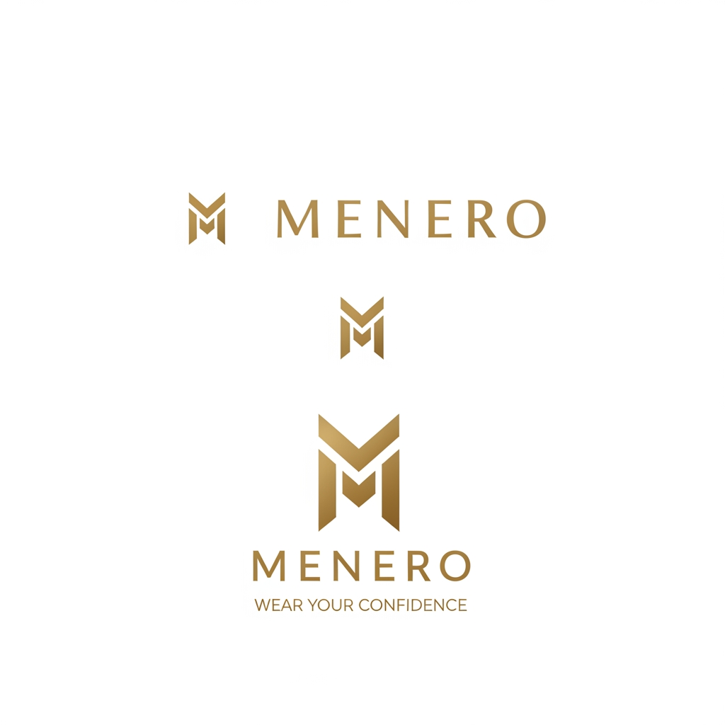 AI Design for For MENERO, because you are building a modern oversized T-shirt / streetwear fashion brand, your company logo should be simple, recognizable, premium, and easy to use everywhere.

I recommend this exact logo system:

Primary company logo: a clean horizontal MENERO wordmark with a small custom M symbol. This should be used on your Shopify header, invoices, packaging, and official brand material.
Brand icon: only the custom M. Use it for favicon, Instagram profile picture, app icon, T-shirt neck label, and small tags.
Secondary luxury logo: the stacked version — large M, then MENERO, then small tagline WEAR YOUR CONFIDENCE. Use it on packaging, thank-you cards, posters, and premium brand presentations.

For the design itself, I would choose black + warm gold + white, but avoid a shiny metallic gradient in the main digital logo. A flat gold is cleaner and more professional. The font should be a custom modern serif or sharp contemporary typeface, with good letter spacing. Your current giant serif M looks premium, but slightly like a jewellery or perfume brand; I would modernize it to feel more fashion/streetwear.