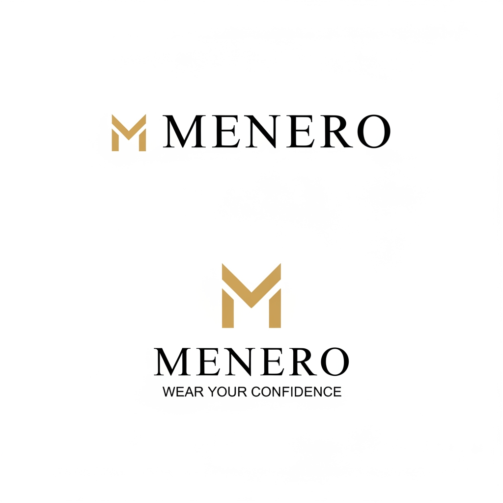 AI Design for For MENERO, because you are building a modern oversized T-shirt / streetwear fashion brand, your company logo should be simple, recognizable, premium, and easy to use everywhere.

I recommend this exact logo system:

Primary company logo: a clean horizontal MENERO wordmark with a small custom M symbol. This should be used on your Shopify header, invoices, packaging, and official brand material.
Brand icon: only the custom M. Use it for favicon, Instagram profile picture, app icon, T-shirt neck label, and small tags.
Secondary luxury logo: the stacked version — large M, then MENERO, then small tagline WEAR YOUR CONFIDENCE. Use it on packaging, thank-you cards, posters, and premium brand presentations.

For the design itself, I would choose black + warm gold + white, but avoid a shiny metallic gradient in the main digital logo. A flat gold is cleaner and more professional. The font should be a custom modern serif or sharp contemporary typeface, with good letter spacing. Your current giant serif M looks premium, but slightly like a jewellery or perfume brand; I would modernize it to feel more fashion/streetwear.
