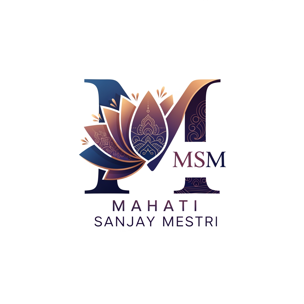 AI Design for Generate logo for word mahati which means importance and greatness in sanskrit. The logo is for personal brand of mahati and her portfolio. The logo should be very significant and related to names uniqueness and meaning of greatness. use patterns and motifs use lotus for m mahatis full name is Mahati Sanjay Mestri u can create msm as well or motif of M for MM(Mahati Mestri)