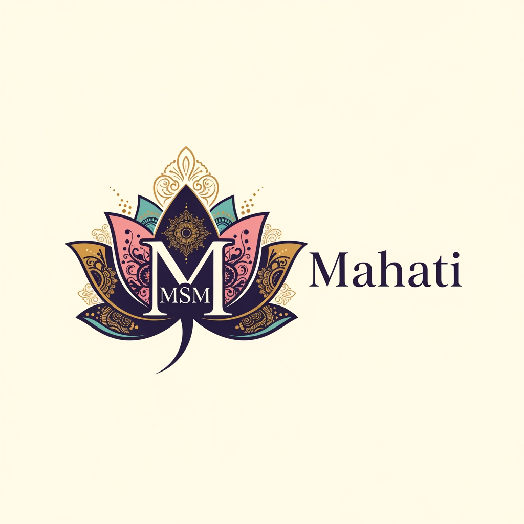 AI Design for Generate logo for word mahati which means importance and greatness in sanskrit. The logo is for personal brand of mahati and her portfolio. The logo should be very significant and related to names uniqueness and meaning of greatness. use patterns and motifs use lotus for m mahatis full name is Mahati Sanjay Mestri u can create msm as well or motif of M for MM(Mahati Mestri)