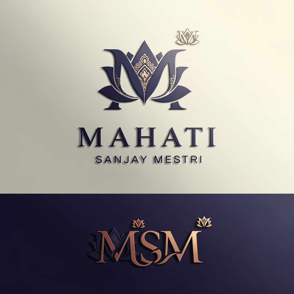 AI Design for Generate logo for word mahati which means importance and greatness in sanskrit. The logo is for personal brand of mahati and her portfolio. The logo should be very significant and related to names uniqueness and meaning of greatness. use patterns and motifs use lotus for m mahatis full name is Mahati Sanjay Mestri u can create msm as well or motif of M for MM(Mahati Mestri)